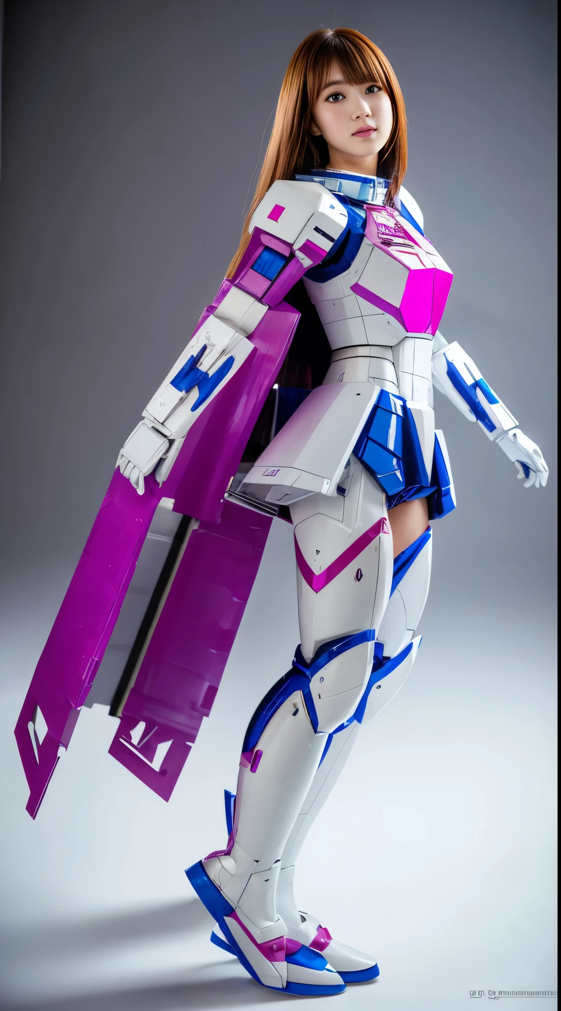 RAW, Masterpiece, Ultra Fine Photo,, Best Quality, Ultra High Resolution, Photorealistic, Sunlight, Full Body Portrait, Stunningly Beautiful,, Dynamic Poses, Delicate Face, Vibrant Eyes, (Side View) a close up of a woman in a pink and white gundam custume, dybamic pose, long brown very very long hair rapunzel, girl in mecha cyber armor, portrait armored astronaut girl, d. va from overwatch, female mecha, on a gundam, gundam head, chiho aoshima color scheme, mobile suit, streamlined purple armor, fully robotic!! girl, realistic cosplay, gundam armor (dynamic pose) (best cameraview), full body