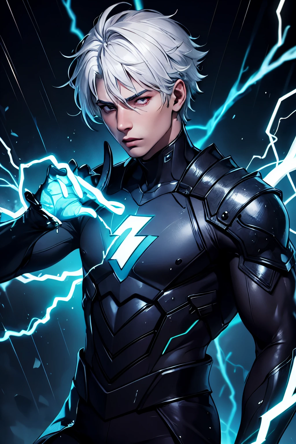 masterpiece,best quality,ultra-detailed,1boy,blue lighting,blue electricity,wrapped in electricity all over the body,black_background,rain,white hair,white