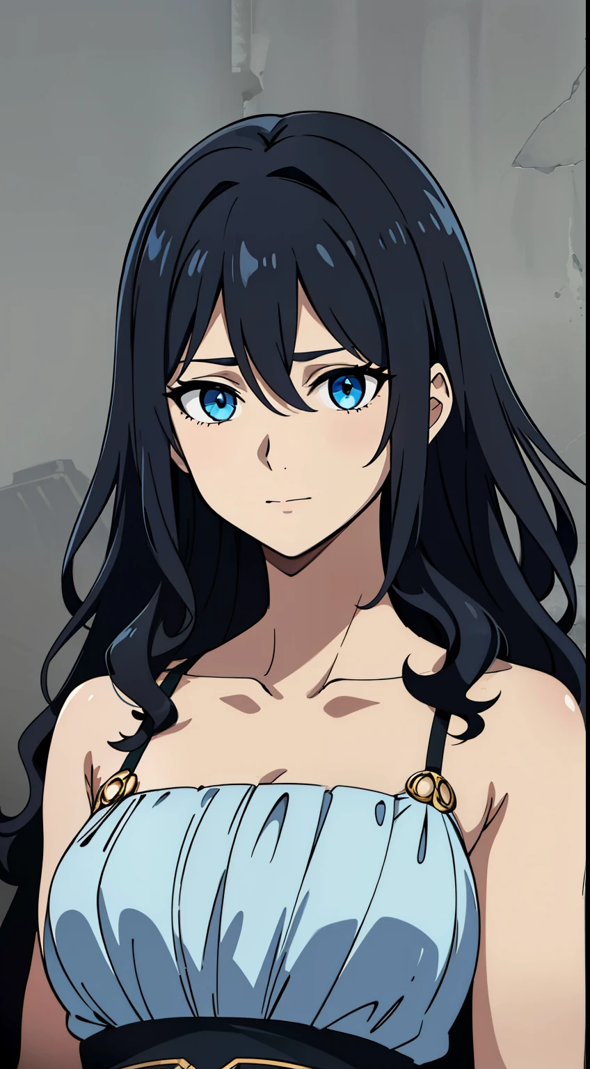 (high-quality, breathtaking),(expressive eyes, perfect face) 1girl, female, solo, young adult, dark black color hair, blue highlight in hair, tanned skin, pale light blue eye color, medium hair length, fluffy spiky hair, wavy curly hair, black dress with gold trim, Greek Goddess, Ancient Greek Dress, Greek Clothes, Symmetrical Eyes, portrait, halfbody, positive expression, grey background, elegant, mature, beautiful, soft smile, hair between eyes, SunsetHuman,
