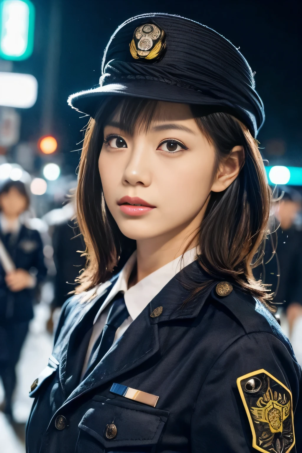 16K, (masterpiece:1.4), (best quality:1.4) ,8K,cinematic lighting,((best quality)), (masterpiece) , (realistic shadow) , (depth of field),(intricate details:1.4), 1women,Japanese,(Super beautiful),(beauitful face:1.5),(A detailed face:1.5),(lip stick:1.1),(eye line:1.2),mascara,eyeshadows,Slender body,brown eyess,(Black short Wavy Hair:1.3),(asymmetrical bangs),(Japanese women police uniform:1.5),A crowded street in Shibuya, at night,((mideum shot:1.3)),Glasses, japanese police uniform,(front view:1.3)