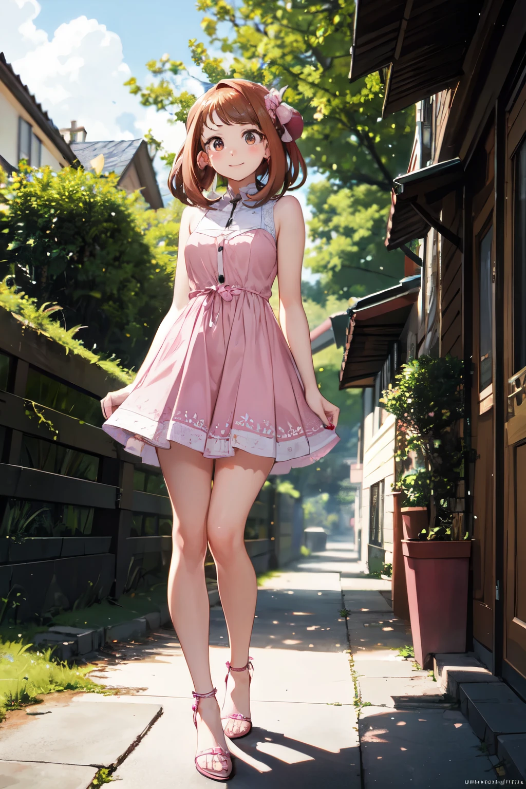 CG, upskirt view, legs together, perfect atwork, peeing, peeing herself, her own urine is trickling down her legs, perfect female figure, Aerith Gainsborough, holding small flower basket, peeing down her legs, green eyes, surrounded by other people, standing in very busy midgar city street, sunny, choker, cropped jacket, hair bow, bracelet, long pink dress, brown ankle boots, looking down nervously, shy, embarrassed, aroused, shocked, panicking, worried, outdoors, a small puddle of her own urine is forming around her feet on the dry ground, very desperate to pee, wetting herself, urination, high detail, Realism, Hyperrealism, three sided view, ccurate, masterpiece, highres, UHD, anatomically correct, super detail, best quality, highres, 8k