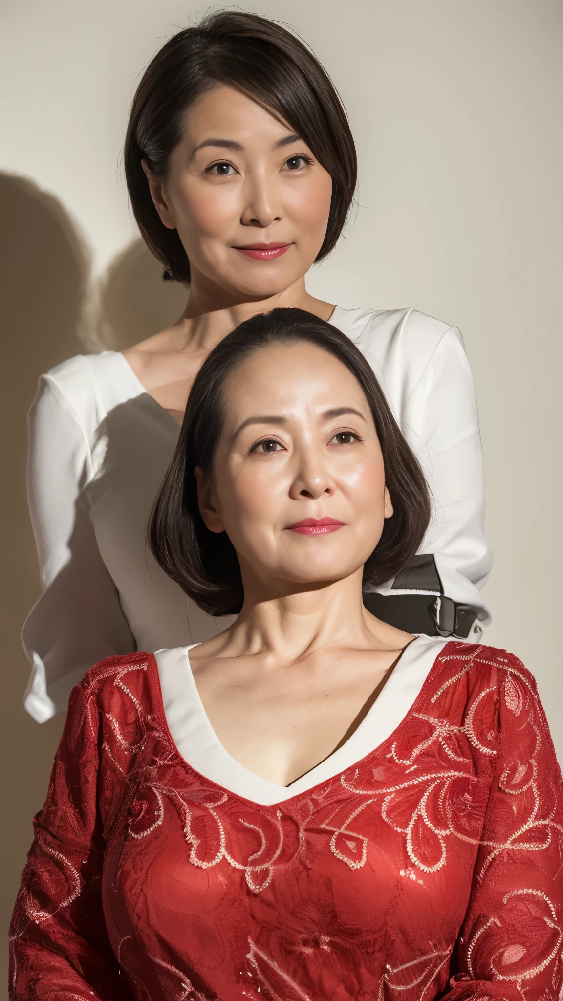 remove background, in the spotlight, gravure, facing the front, ((old)), flashy makeup, red lips, from the chest up, masterpiece, highest quality, Super detailed, realistic, super dense skin, perfect anatomy, (1 Japanese mature woman), (alone), 120 years old, big breasts, neighbor aunt, Glamour, sexy, pure white skin, looking at the viewer,