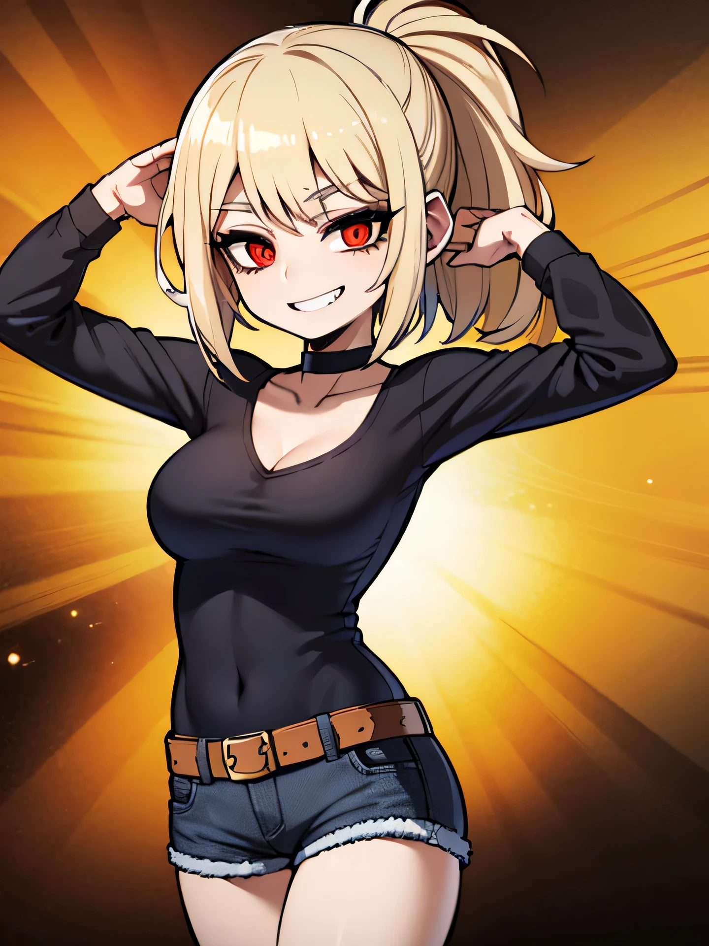 ((artwork, Best quality)), Front Lighting, (1 female), (Alone), (female focus), (stand:1.3), (looking forward: 1.3), straight pose, Slender body, massive breasts , goth, long sleeve t-shirt, black t-shirt, open neckline, V-neck t-shirt, short shots, denim shorts, exposed thighs, thick thighs, short hair, tied up hair, ponytail, (very wide shot: 1.5), straight hair , dark hair, black hair, hair behind the ear, human ear, red eyes, passionate eyes, passionate, heart pupils, smiling, ecstasy, excited, loving reflection light, anatomically correct