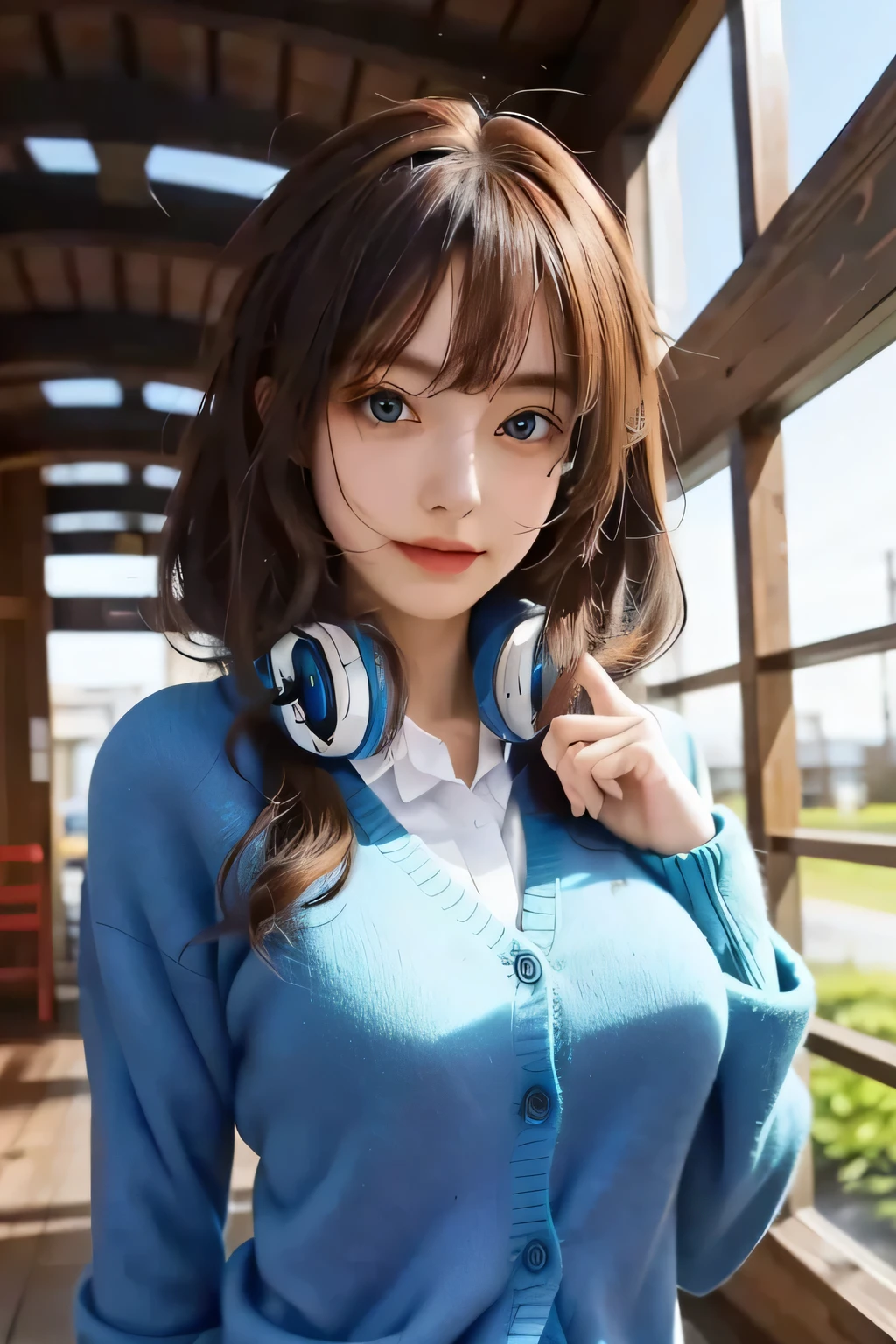 disorganized, highest quality, 1 girl, alone, focus of the eye, looking at the viewer, Miku, blue cardigan, brown hair