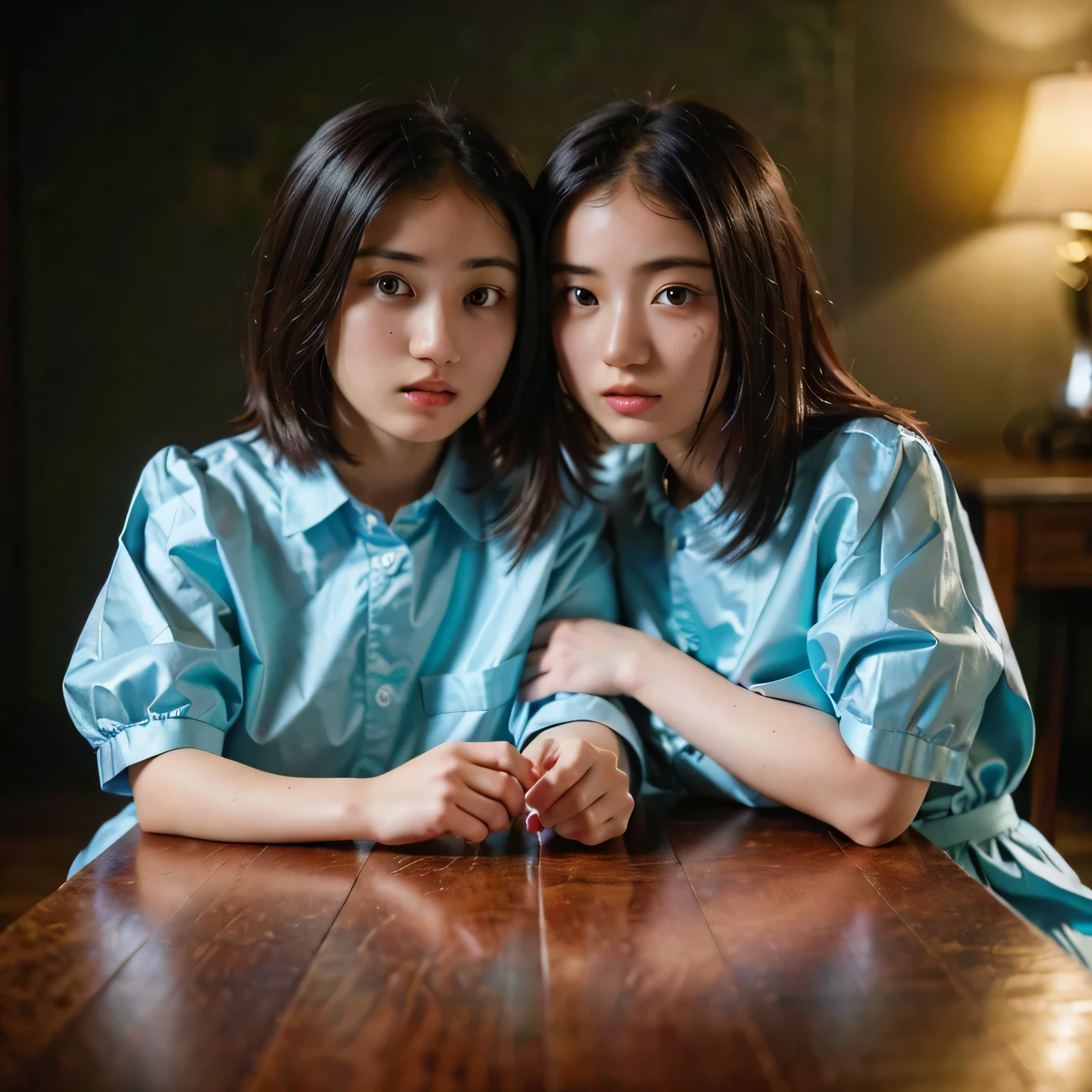 (table top, highest quality, beautiful quality), (realistic:1.4), (detailed lighting, highly detailed skin, very fine hair, shadowy, 8K, 15 years old with baby face、Identical twin sisters of girls:1.2), looking at the viewer, (high key lighting), highest quality, official art, unity 8K wallpaper, 超A high resolution, Hold me close、lesbian、like、Super detailed, beautiful and aesthetic