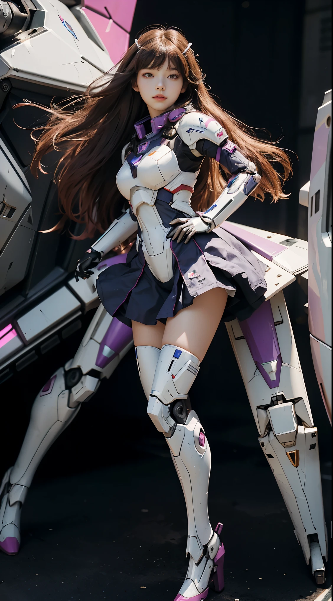 RAW, Masterpiece, Ultra Fine Photo,, Best Quality, Ultra High Resolution, Photorealistic, Sunlight, Full Body Portrait, Stunningly Beautiful,, Dynamic Poses, Delicate Face, Vibrant Eyes, (Side View) a close up of a woman in a pink and white gundam custume, dybamic pose, long brown very very long hair rapunzel, girl in mecha cyber armor, portrait armored astronaut girl, d. va from overwatch, female mecha, on a gundam, gundam head, chiho aoshima color scheme, mobile suit, streamlined purple armor, fully robotic!! girl, realistic cosplay, gundam armor (dynamic pose) (best cameraview), full body