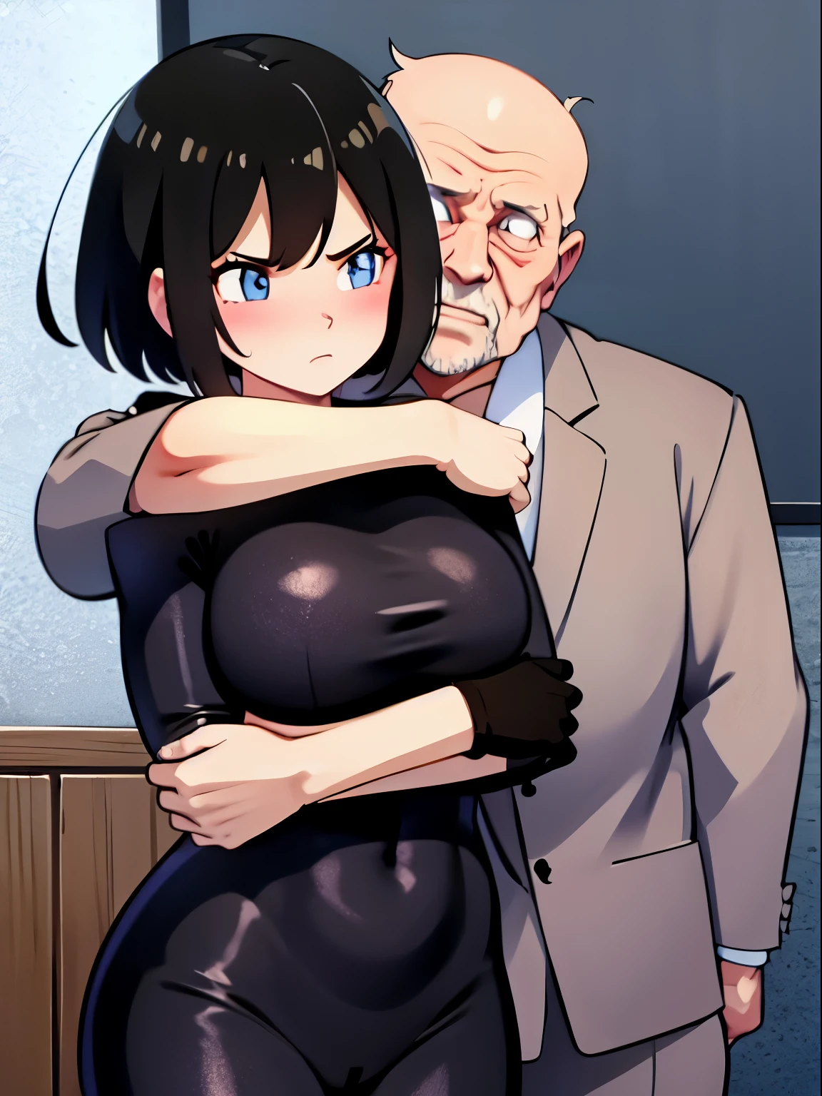 1 girl,((being hugged by an old man:1.4)),((Black tight suit:1.4)),blush,embarrassing,serious face,blue eyes,Sweat,open your mouth wide,shy,black hair,spike hair,boyish girl,big breasts,Research room,