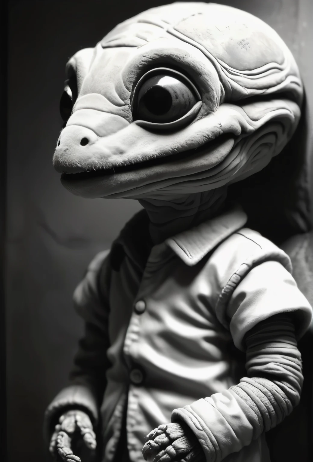 black and white photo of a small stuffed animal, Mother portrait, Anton Semenov, Clay character, inspired by E. T. A. Hoffmann, Grey Anthropomorphic, as a Clay character, Junji, that&#39;s 4 thousand, Stop-motion character animation, clay render, six of little nightmares, Humanoid monster turtle, Mother