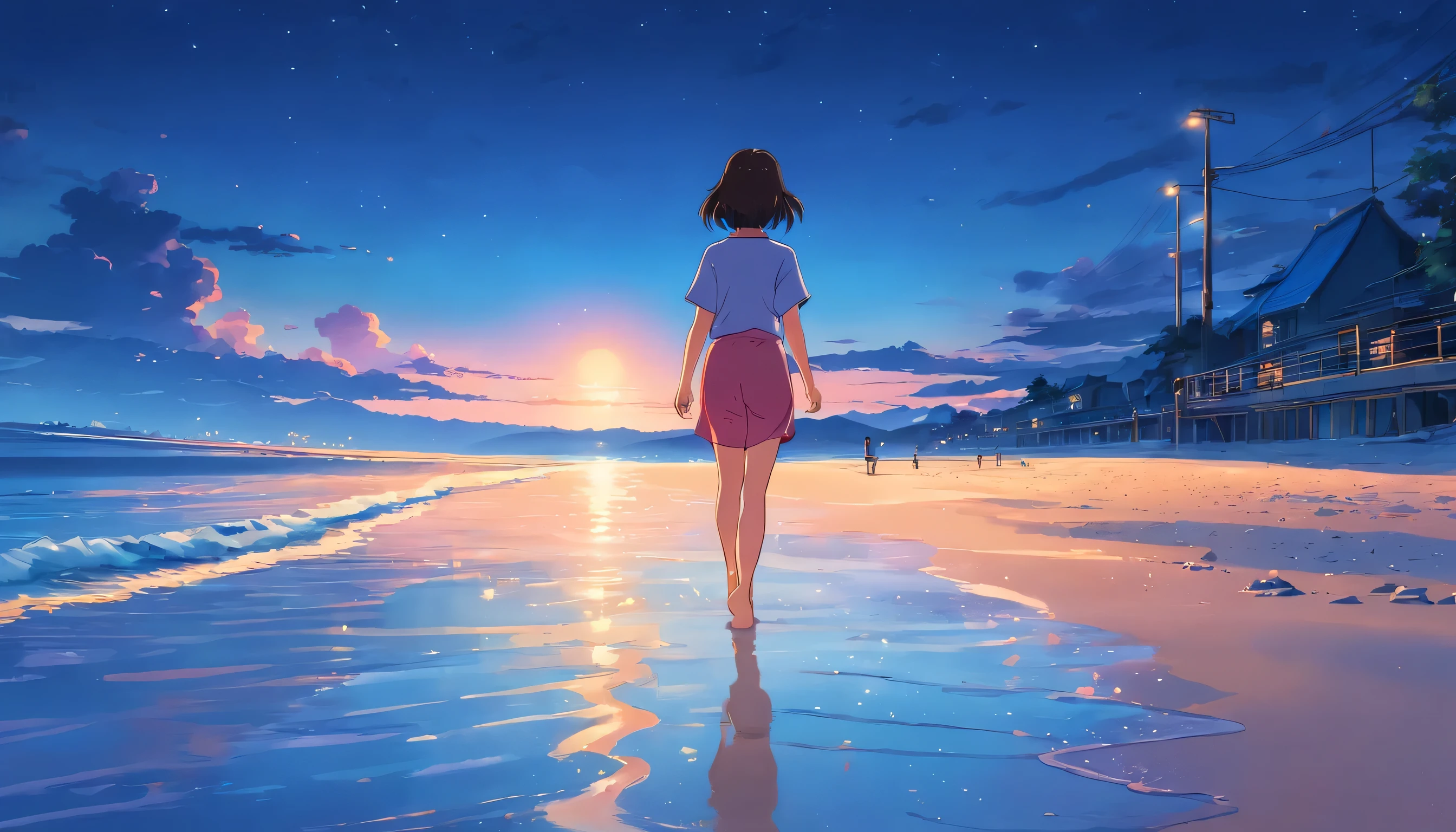 girl walking barefoot on the beach, dream, please wear headphones, night light, analog color theme, lo-fi hip hop , retrospective, flat, 2.5D ,Draw a line, ink painting, Osaka road, watercolor painting, gouache color, studio ghibli style, very colorful, outerton, Krautlock, Lofiato,old texture, amplitude,Psychedelic atmosphere, masterpiece, Technology of Wonders,beautiful night view