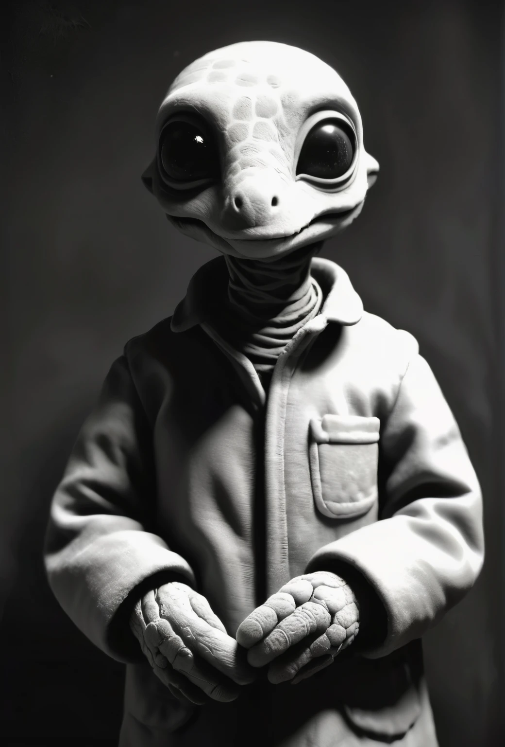 black and white photo of a small stuffed animal, Mother portrait, Anton Semenov, Clay character, inspired by E. T. A. Hoffmann, Grey Anthropomorphic, as a Clay character, Junji, that&#39;s 4 thousand, Stop-motion character animation, clay render, six of little nightmares, Humanoid monster turtle, Mother