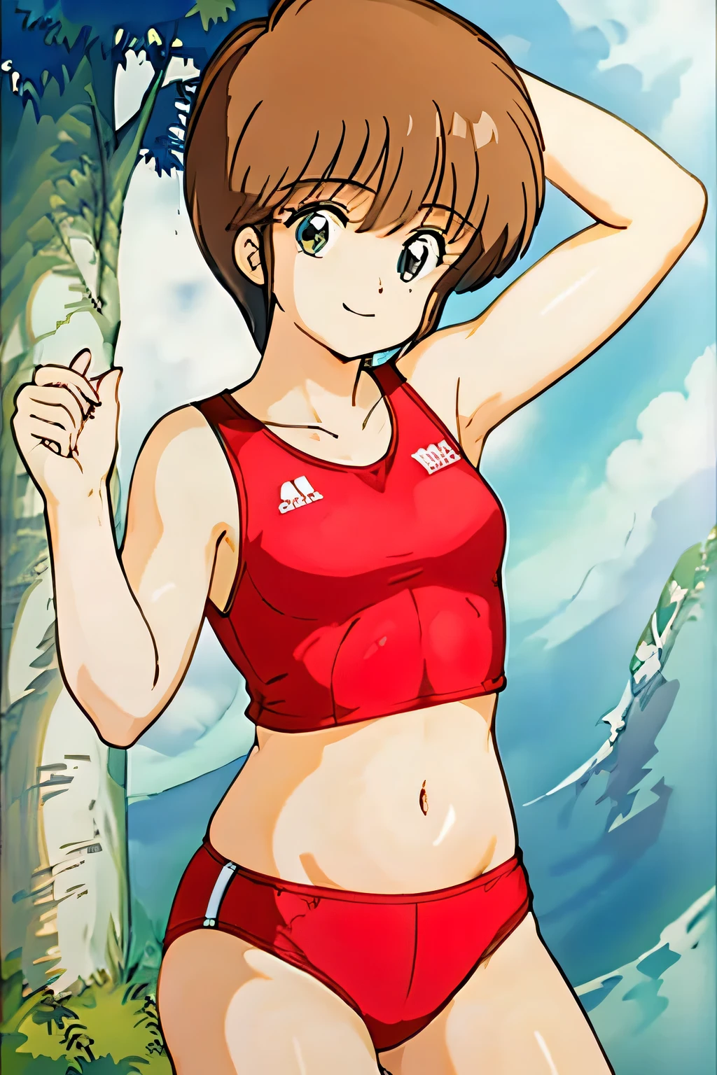 1girl, Hikaru Hiyama, short cut hair, (Masterpiece) slightly muscular, cupped, belly button exposed, track and field uniform, smile, round face