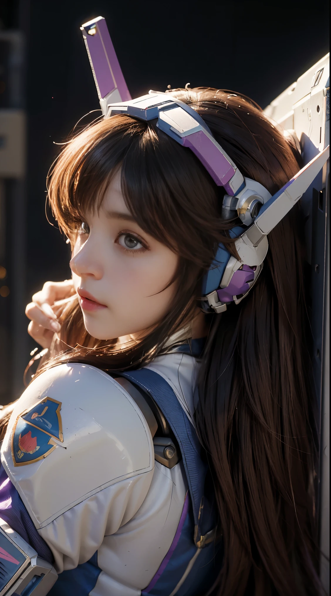 RAW, Masterpiece, Ultra Fine Photo,, Best Quality, Ultra High Resolution, Photorealistic, Sunlight, Full Body Portrait, Stunningly Beautiful,, Dynamic Poses, Delicate Face, Vibrant Eyes, (Side View) a close up of a woman in a pink and white gundam custume, dybamic pose, long brown very very long hair rapunzel, girl in mecha cyber armor, portrait armored astronaut girl, d. va from overwatch, female mecha, on a gundam, gundam head, chiho aoshima color scheme, mobile suit, streamlined purple armor, fully robotic!! girl, realistic cosplay, gundam armor (dynamic pose) (best cameraview), full body