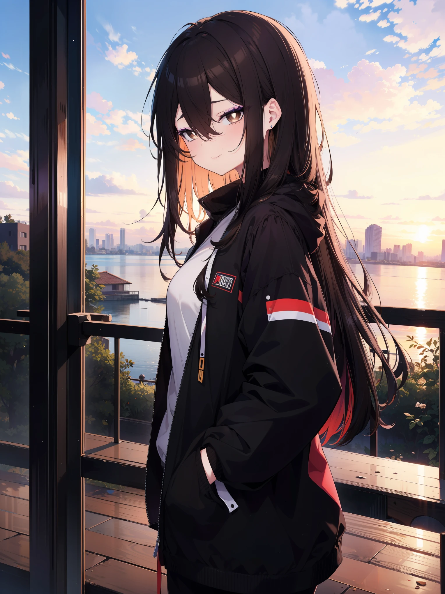 (masterpiece), (best quality, ultra-high resolution, depth of field:1.2), (perfect anatomy), (young), 1woman, (brown eyes), bright pupils, black hair, long hair, (hair between eyes), bangs, (purple under-eye makeup), baggy clothes, side view, park scenery, sunset, smiling