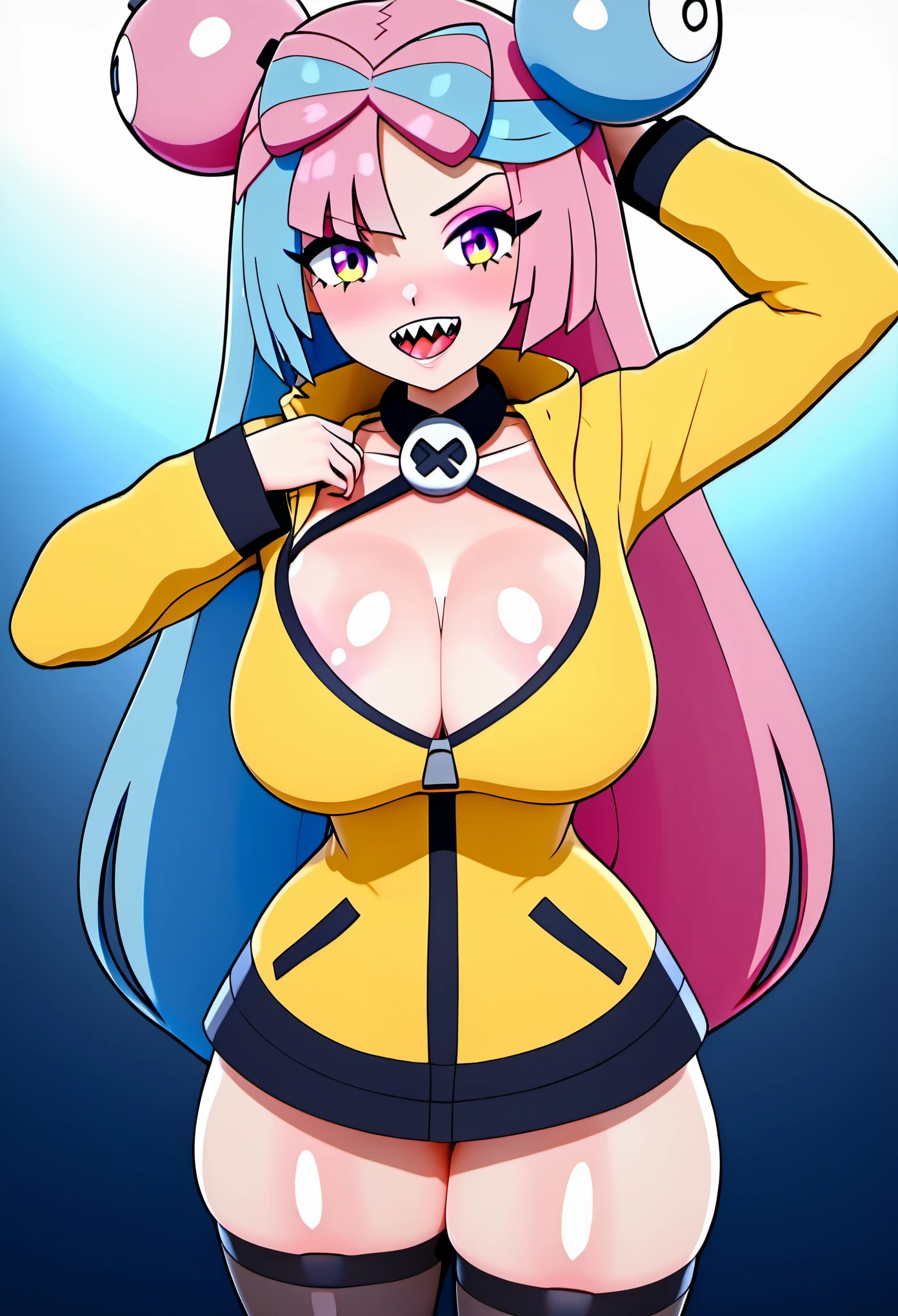 (8k, RAW photos, top quality, masterpiece: 1.2), (High Quality), ray tracing, HDR, (High Details), (Face detail), (Shadow Detail), 1girl, solo, Amplected, 3d, 3d render, Iono /(pokemon)/, multicolored hair, pink hair, blue hair, cleavage, yellow jacket, large breasts, thick thighs, sharp teeth