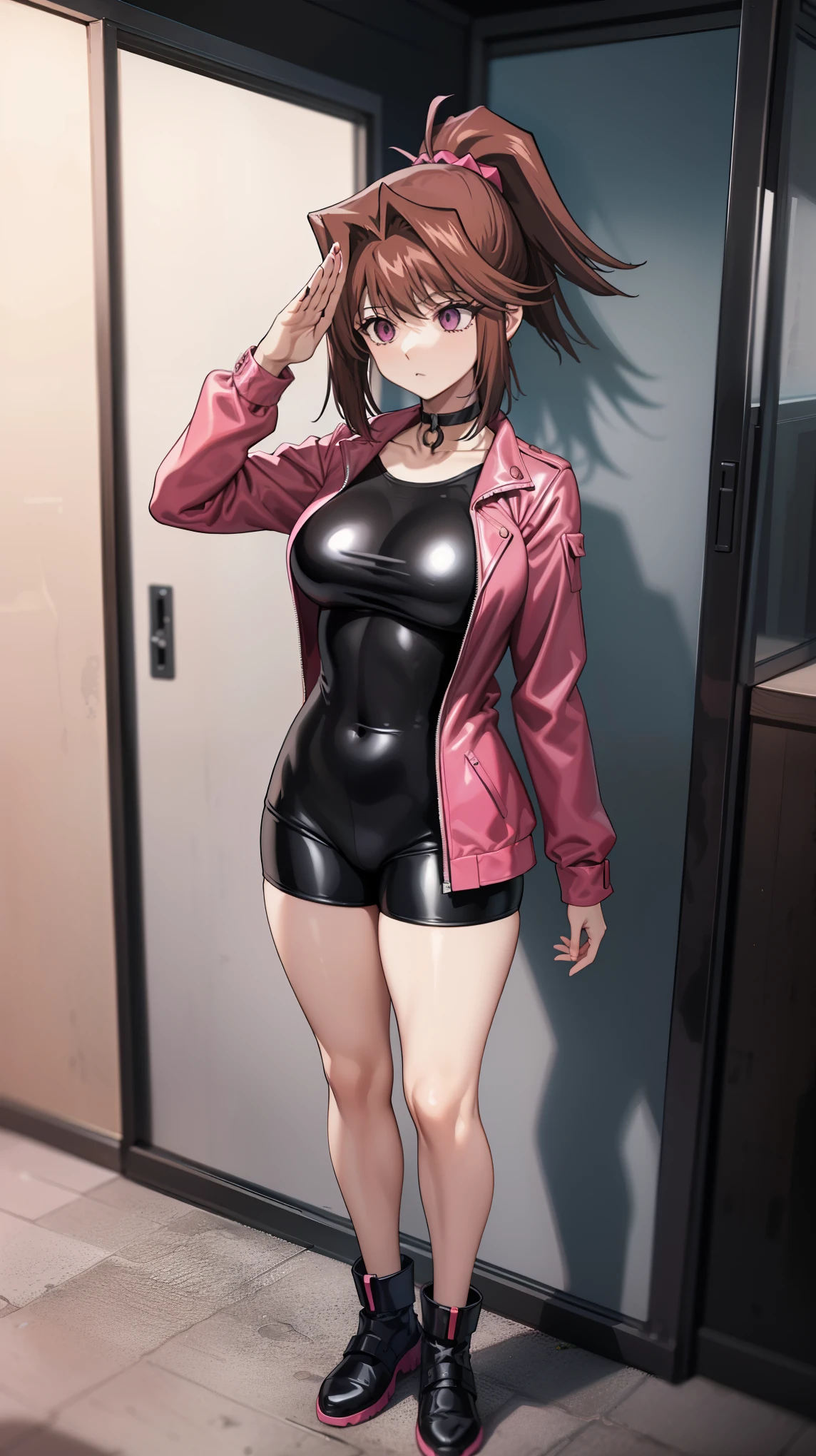 1 girl,NSFW,(((large machine made choker))),  Kyoko Masaki,(Yu-Gi-Oh),AnzuDef,short hair, brown hair, hair ornament, high ponytail, ponytail,huge breasts, clavicle, Glowing purple eyes,absurd, brainwashing,empty eyes, ((No expression,erasure of emotions)), (black latex tight bodysuit),look away , full body figure,((stand up, salute)), (highest quality、4k、8K、High resolution、must have:1.2)、Super detailed、(reality、reality的なです、reality的な:1.37)、ticker、hyper hd、studio lighting、ultra definition paint、sharp focus、Physically based rendering、extreme details、Professional specifications、vibrancy and color、blurry、sports portrait、landscape、horror style、anime big breast、SF、photograph、concept artist、five fingers, perfect body,  {{{masterpiece}}}, {{{highest quality}}}, {{Super detailed}}, {shape}, {{very delicate and beautiful}},Improved cost performance、all roles、Canon 5D MK4でphotograph、photograph, 