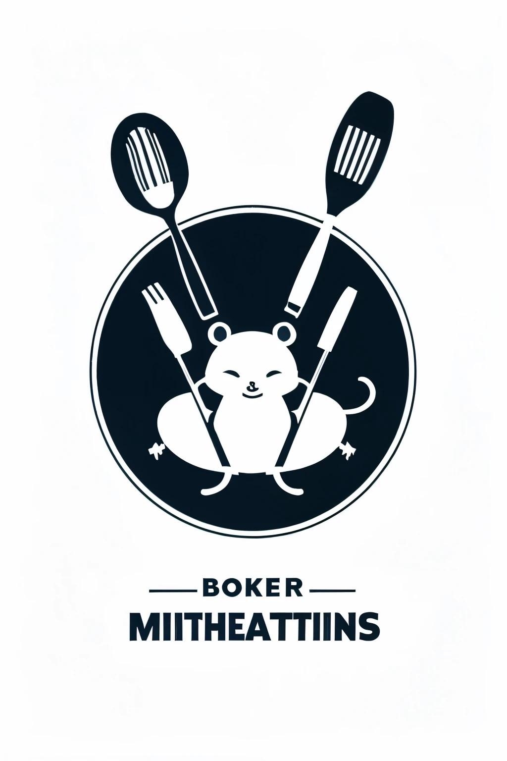 A logo, illustration style, on a white background with a mouse in the center holding kitchen utensils, for a restaurant