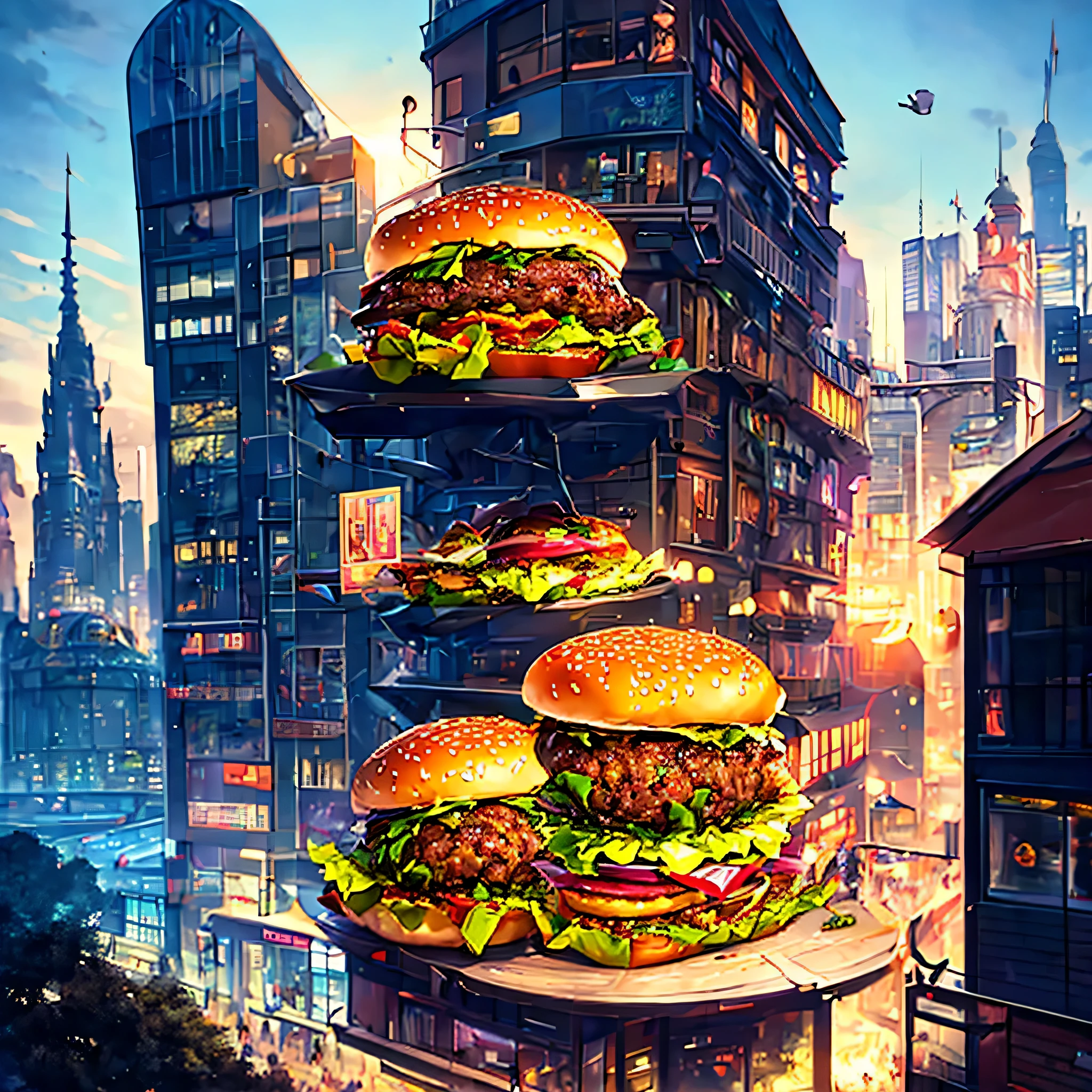 (A Museum of Hamburgers:1.4)Aerial view of the city，Panorama view,Best quality,4K,8K,A high resolution,Masterpiece:1.2,Ultra-detailed,Realistic,Photorealistic:1.37,Architectural marvel,Impressive skyline,tbustling street，Hamburg-shaped architecture,Colorful and vibrant,A variety of hamburger-themed shops and restaurants,People enjoy delicious burgers,Whimsical and eye-catching Hamburg sculpture,Imaginative Hamburg-themed street art,A stylish creative combination in Hamburg style,Playful and appetizing billboard advertising,hdr,hyper HD,Studio lighting,Ultra-fine painting,Sharp focus,Physically-based rendering,Extreme detail description,professional,Vivid colors,Bokeh,sportrait,landscape,Horror,anime big breast,Sci-fi,Photography,Concept artist,Bright and juicy burger colors,soft and warm lighting，Enhance the appeal of burgers.