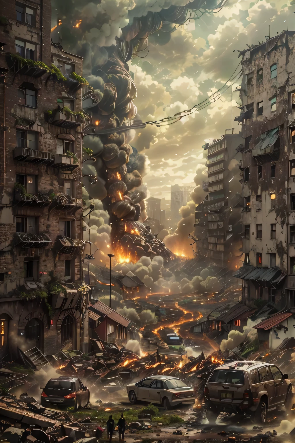 Here are the prompts that the AI generates。:
"highest quality,4k,8K,High resolution,masterpiece:1.2,Super detailed,realistic:1.37,(Attack on Titan),The beast giant that destroys the city,furry,long arms,detailed destruction,apocalyptic landscape,Detailed Buildings,desolation,Destructive power,emotional personality,animistic look,Post-apocalyptic landscape,Chaotic destruction,expressive movement,eerie atmosphere,dystopian cityscape,Massive destruction,A city shrouded in chaos,dramatic lighting,heavy smoke and debris,giant creature causing havoc,Bright colors,fascinating composition"