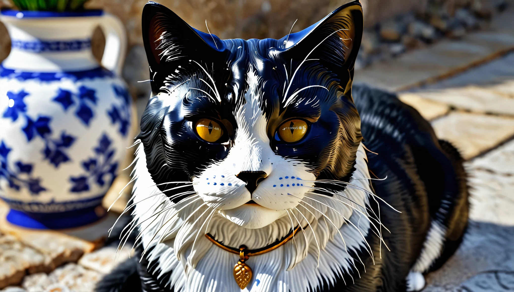 un gato de porcelana hiperrealista, en tonos negro y blanco, a hd ¿, alta calidad, 8k, HDR, UHDR, profunidad de campo maxima, iluminacion cinematografica, fur simulating enameled ceramic English earthenware style in white and blue tones, gold nails, doradas.