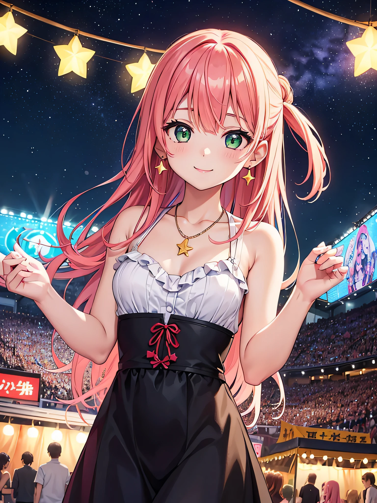 girl、20-year-old、gal、gal makeup、slender body、Loli-ish、、long hairstyles、summer clothes、sprinkle the chest with bleach、There is a six-pointed star behind my eyes、green eyes、eyes are shining、Red-pink hair, Idol、cute、girl、eyes are large and round、The face is thin、smile、smile、earrings、necklace、wedding ring、Attracted、My favorite 、Center of festival stalls、A fantastic landscape of light and darkness with falling stars、be happy、cheeks are red、dance