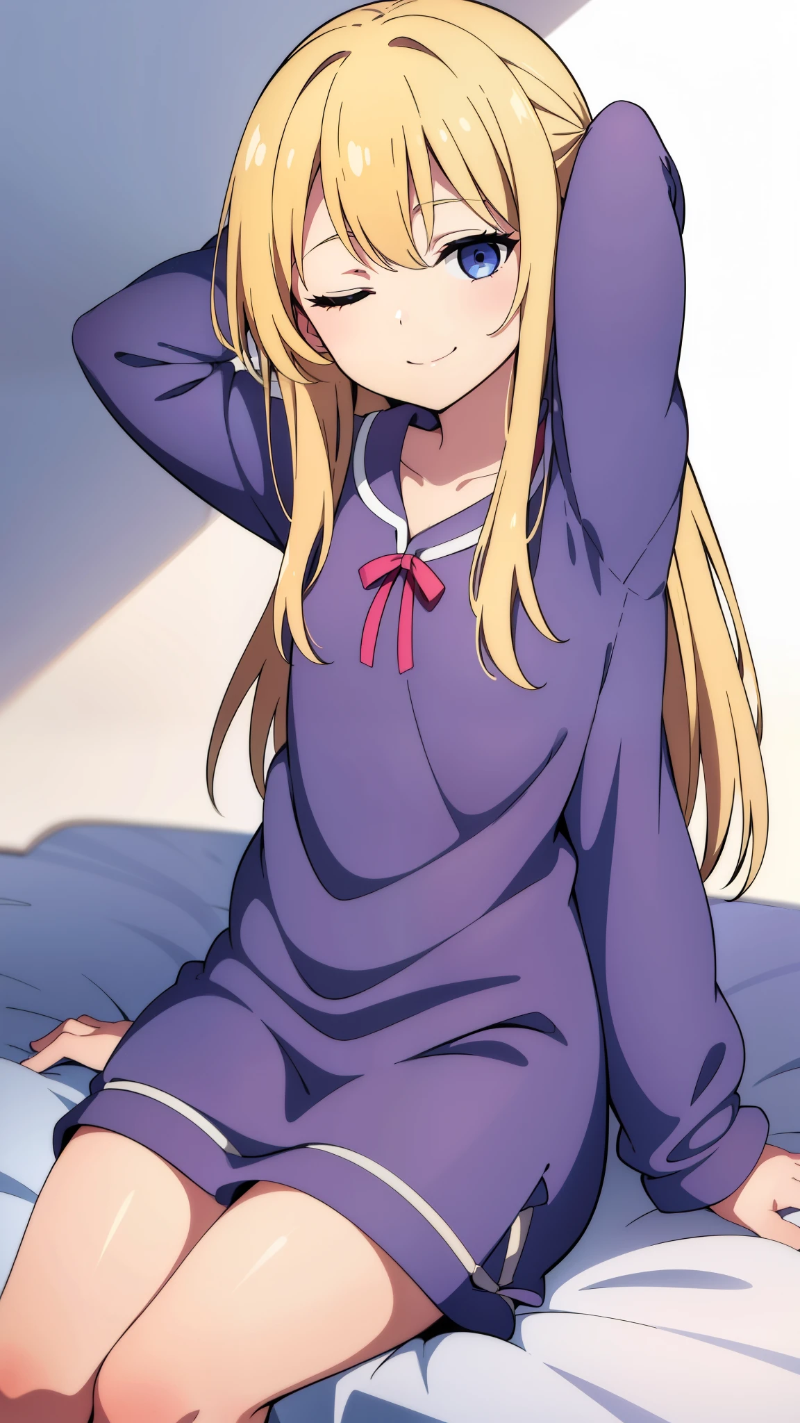 (1girl,8 ,small),blonde hair,long hair,pijamas,smile,(white background),one eye closed,smile,sitting,extra arms,four arms