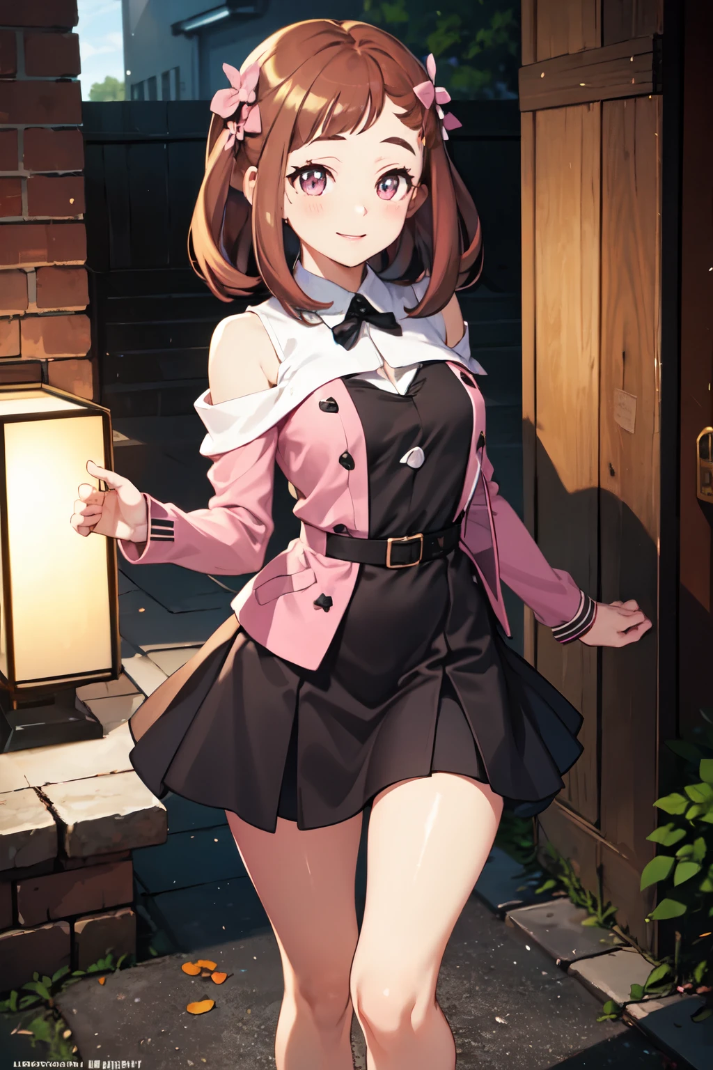 ((best quality)), ((masterpiece)), (detailed), perfect faceochakouraraka, ochako uraraka, (uraraka ochako:1.5), (brown eyes:1.5), brown hair, short hair, blush, blush stickers, pink bow, full body, smile, standing, big eyes,
BREAK ( dark pink dress :1.5),
BREAK outdoors, nature,
BREAK pink heels,
BREAK looking at viewer, cowboy shot,
BREAK (masterpiece:1.2), best quality, high resolution, unity 8k wallpaper, (illustration:0.8), (beautiful detailed eyes:1.6), extremely detailed face, perfect lighting, extremely detailed CG, (perfect hands, perfect anatomy),