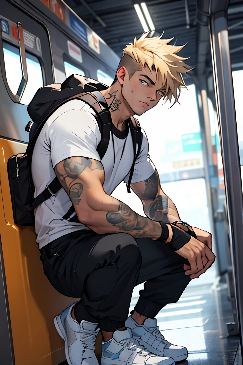 Melhor qualidade, obra de arte, super high resolution, um homem russo de idade de 20 anos, com um corpo perfeito e forte com algumas tatuagens, your face has a serious and bored expression, His eyes are bright light blue and he has a large scar on his right eye., her hair is light blonde, almost white, his haircut is short and shaved on the sides, his skin color is pale white with some tattoos, altura de 2 metros e pouco. Esta usando um grande casaco de inverno preto, with black jogger pants, with black Jordan sneakers, nas costas usa uma mochila de couro preta, on his hands he wears fingerless gloves