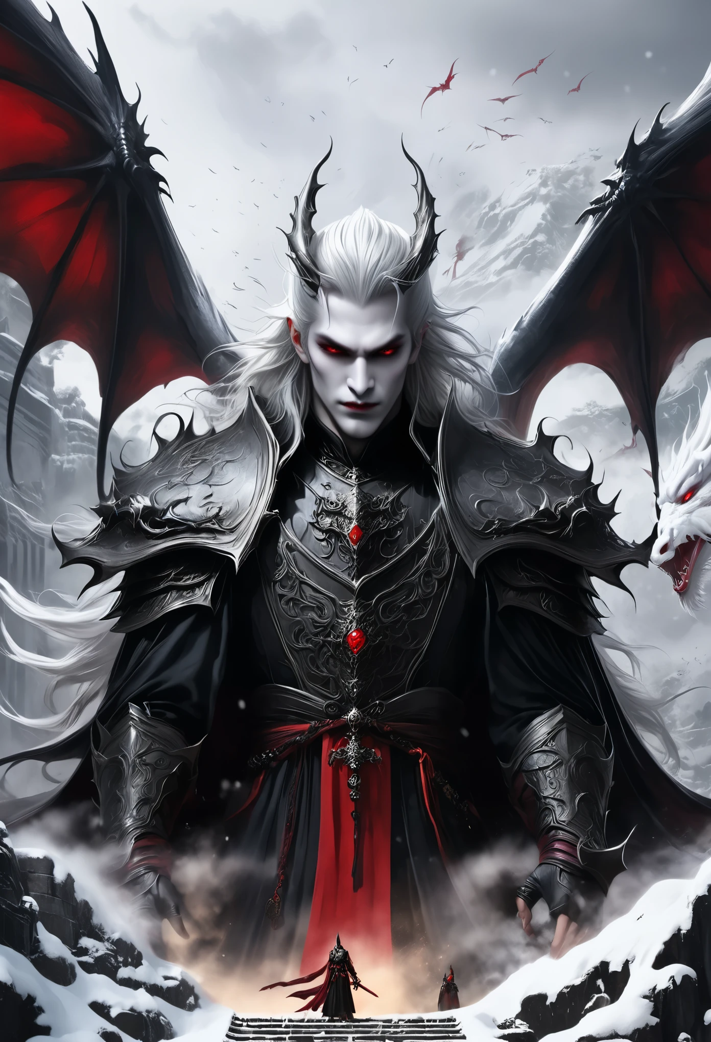 男vampire, 男vampire of clan banu haqim, Red eyes, king of death, 男vampire, ex-demon, dark fantasy style art, vampire, 黑暗vampire
高层建筑可愛的冰晶龍巨大的身軀在地下城中顯得雄偉而強大)Its towering body and huge wings show the power and majesty of its ruler . Dungeon covered with snow, There are also large snowflakes flying. Magical and fantasy details depict the gorgeous and lovely white dragon image in the dungeon. Artwork Fantasy Landscape Art Complex Art Ultra High Definition Highly Detailed Digital Art, Beautiful and detailed fantasy realistic fantasy illustrations