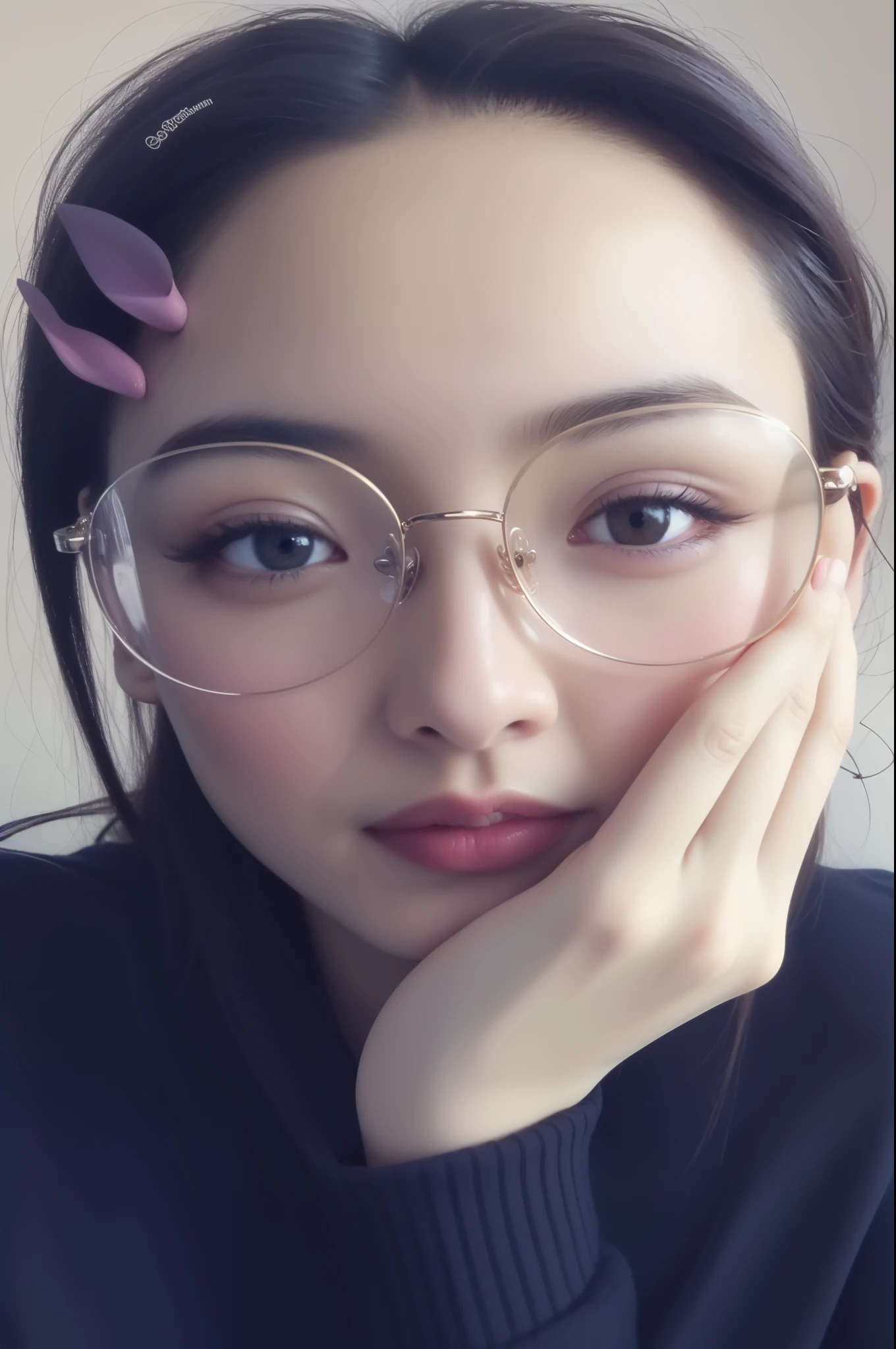 a woman wearing glasses and a black sweater posing for a picture, wearing thin large round glasses, big round glasses, wearing small round glasses, with glasses, girl wearing round glasses, clear cute face, spectacled, dilraba dilmurat, round glasses, with black eyeglasses, thick round spectacles, with square glasses, wearing round glasses, glasses glasses