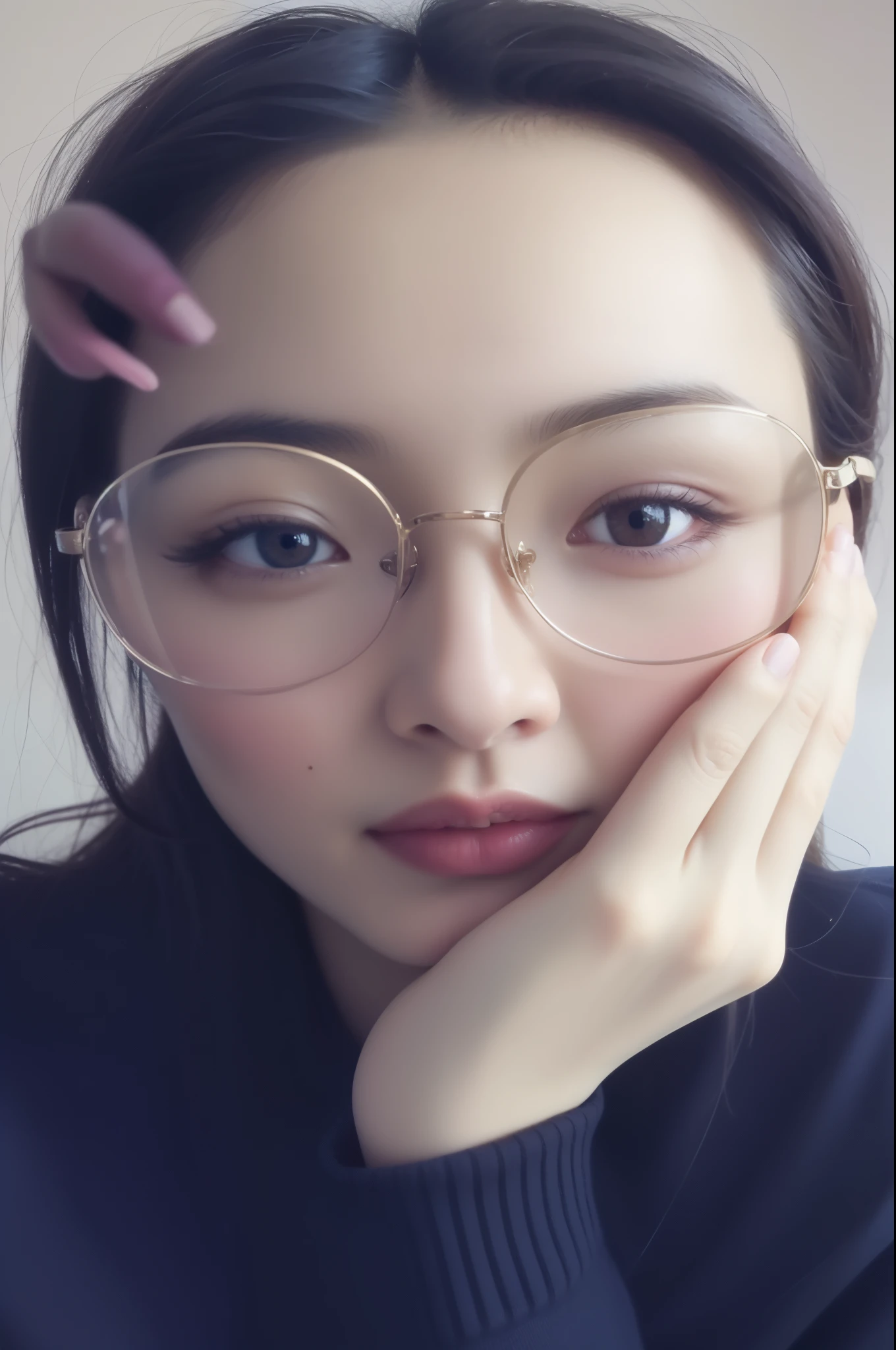 a woman wearing glasses and a black sweater posing for a picture, wearing thin large round glasses, big round glasses, wearing small round glasses, with glasses, girl wearing round glasses, clear cute face, spectacled, dilraba dilmurat, round glasses, with black eyeglasses, thick round spectacles, with square glasses, wearing round glasses, glasses glasses