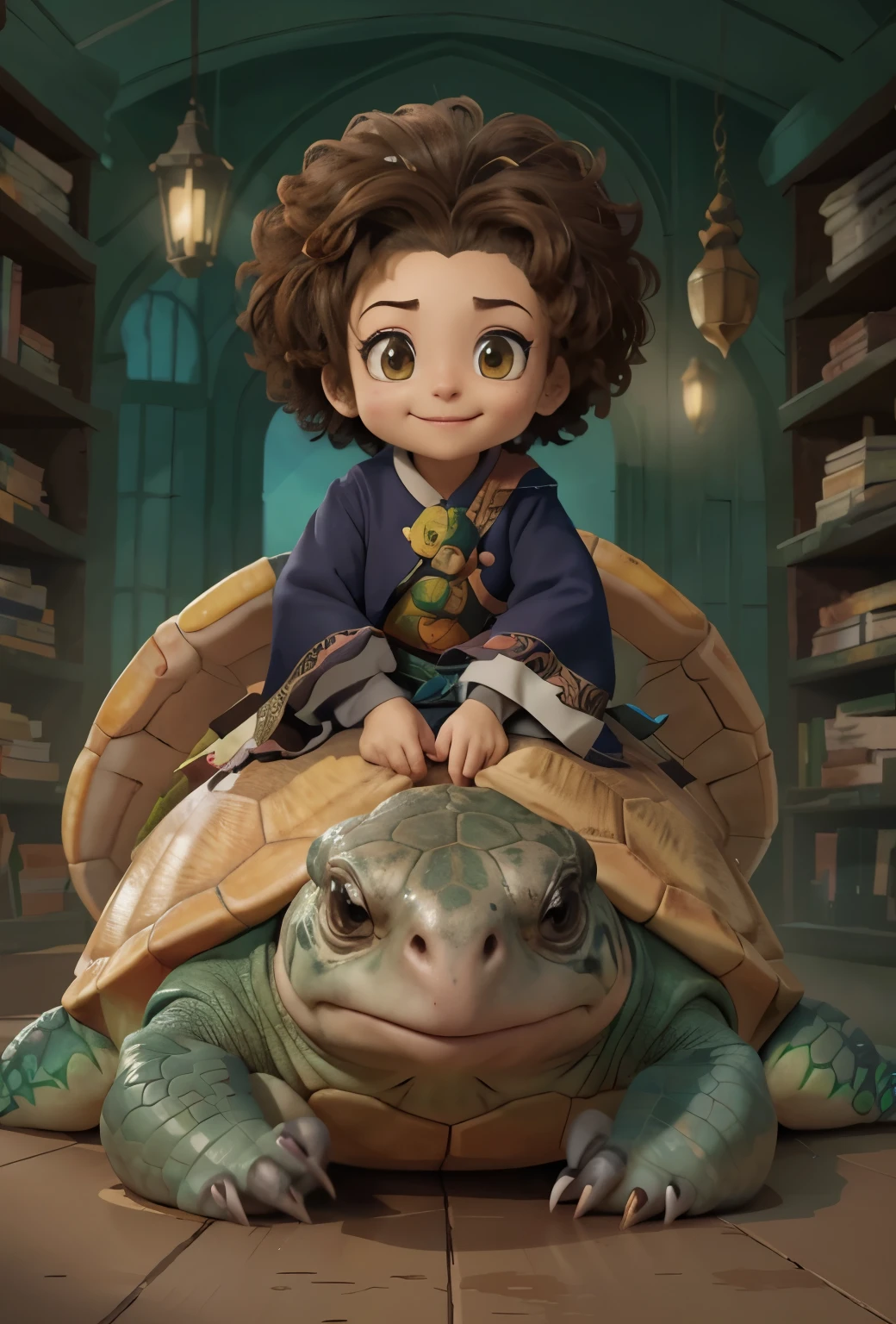 Anime character sitting on a turtle in the library, official illustration, epic полноColor illustration, "Raya and the Last Dragon" etc.. d., Anthropomorphic turtle hero, as anthropomorphic turtle, official art, полноColor illustration, anthropomorphic turtle, anthropomorphic turtle-гуманоиd, animated film, Color illustration