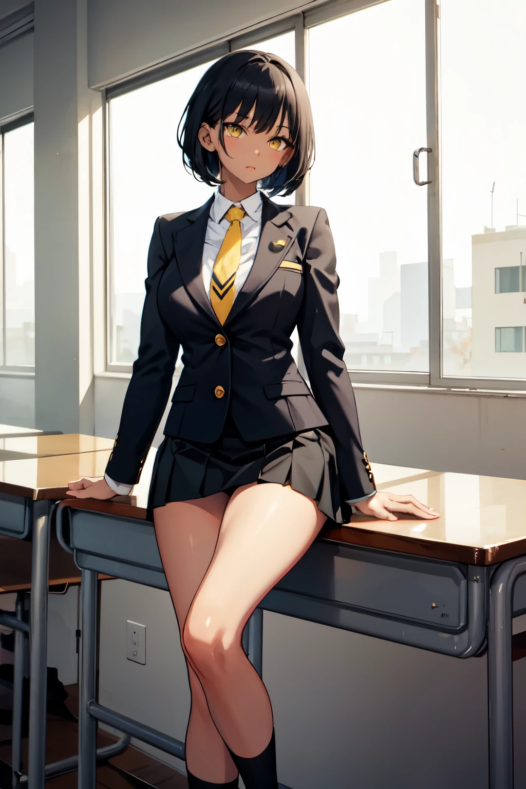 1 beautiful woman, tomo-chan, dark skin, short dark blue hair, yellow eyes, school clothes, black blazer, black skirt, black shorts under the skirt, yellow tie, very large bust, wearing black short socks, inside the classroom, tomboy appearance , muscular body, high definition