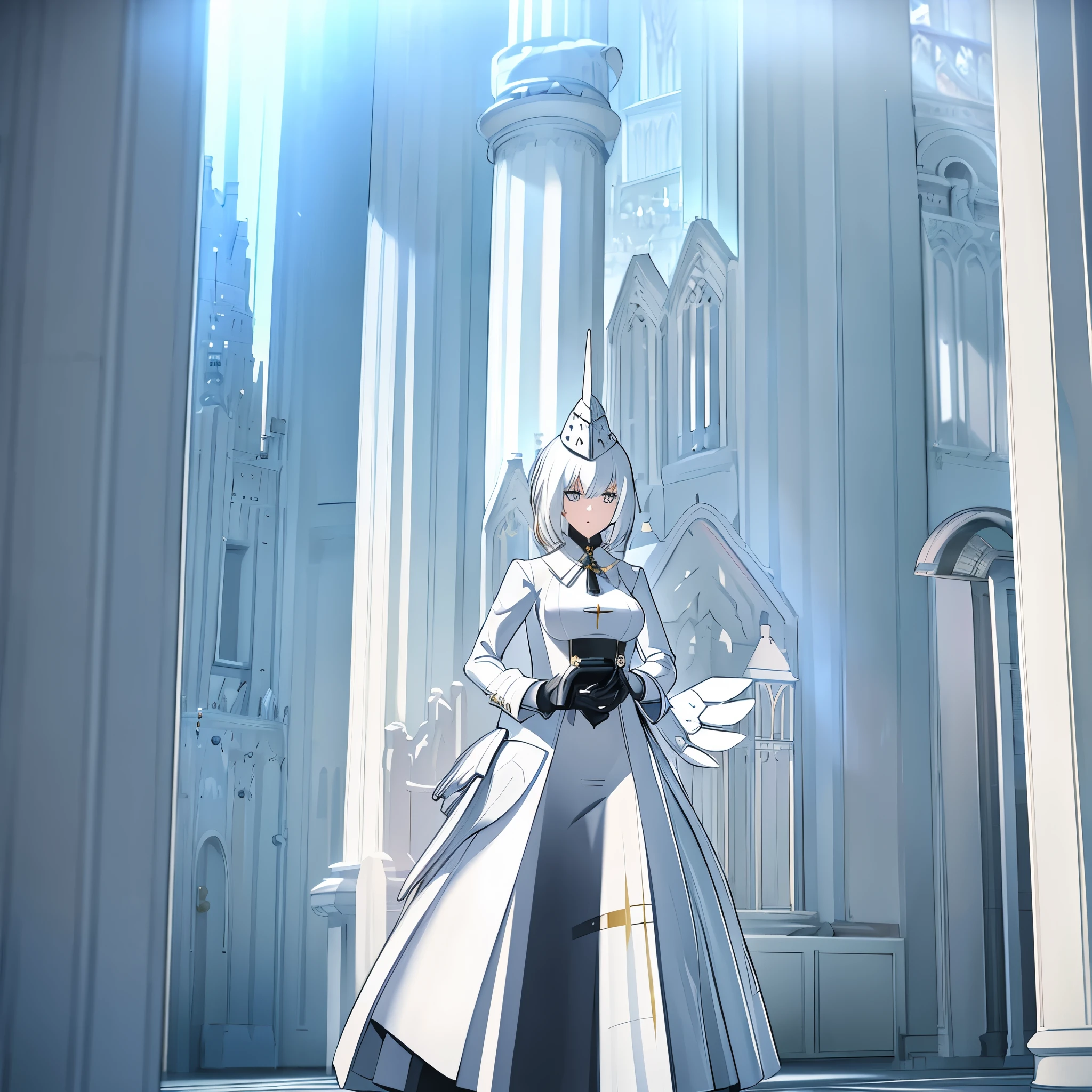 A woman with white clothes, silver hair, silver eyes, outside a white castle with golden details, well-lit place, light effect, white towers, white pillars, very detailed, masterpiece, high quality, ultra resolution, 4k hd
