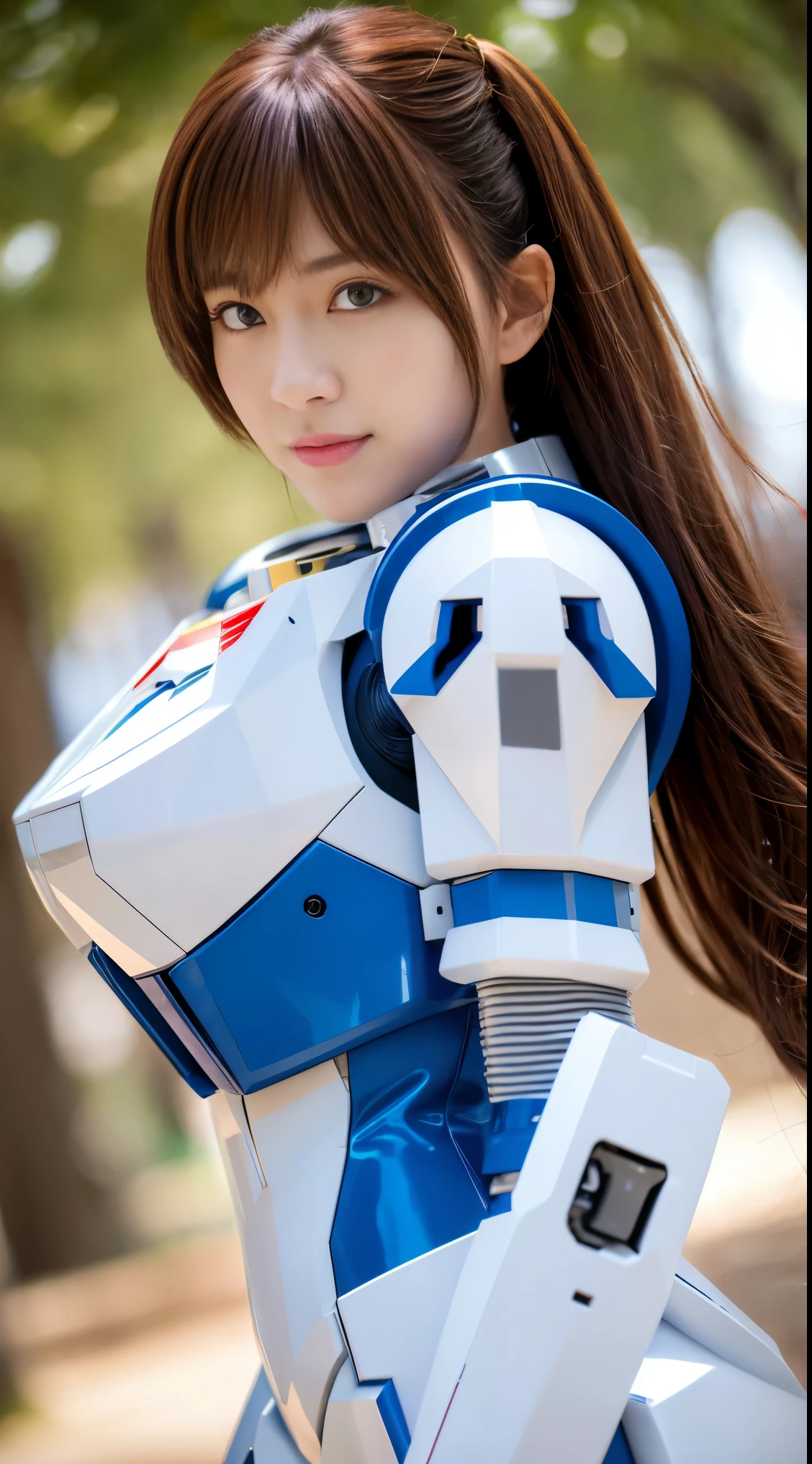 RAW, Masterpiece, Ultra Fine Photo,, Best Quality, Ultra High Resolution, Photorealistic, Sunlight, Full Body Portrait, Stunningly Beautiful,, Dynamic Poses, Delicate Face, Vibrant Eyes, (Side View) a close up of a woman in a pink and white gundam custume, dybamic pose, long brown very very long hair rapunzel, girl in mecha cyber armor, portrait armored astronaut girl, d. va from overwatch, female mecha, on a gundam, gundam head, chiho aoshima color scheme, mobile suit, streamlined purple armor, fully robotic!! girl, realistic cosplay, gundam armor (dynamic pose) (best cameraview), full body