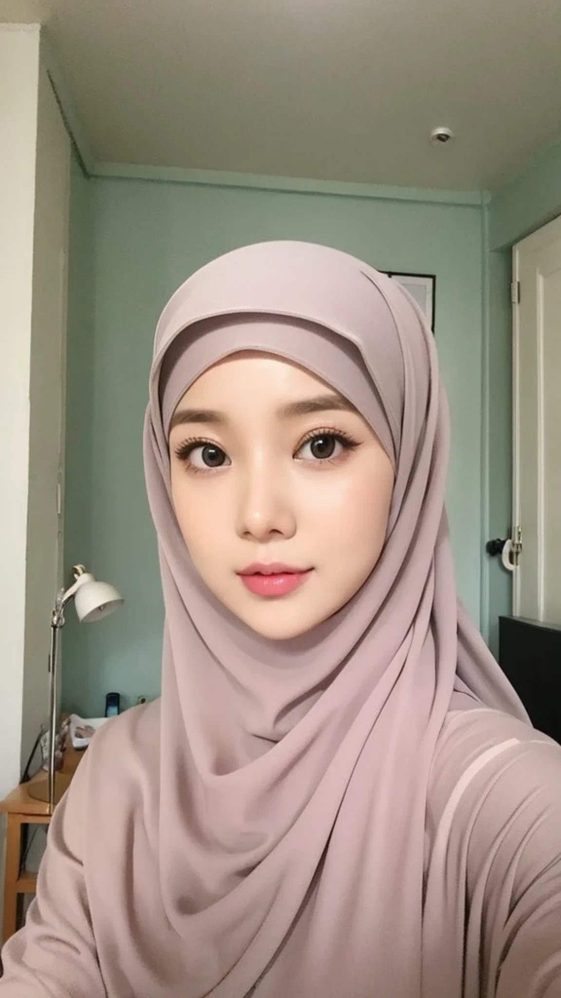 Beautuful Women、hijab, indonesian, realistic, a room、selfee、White Room、The face is cute、Vanrak Ayyans appears. beautiful、alone