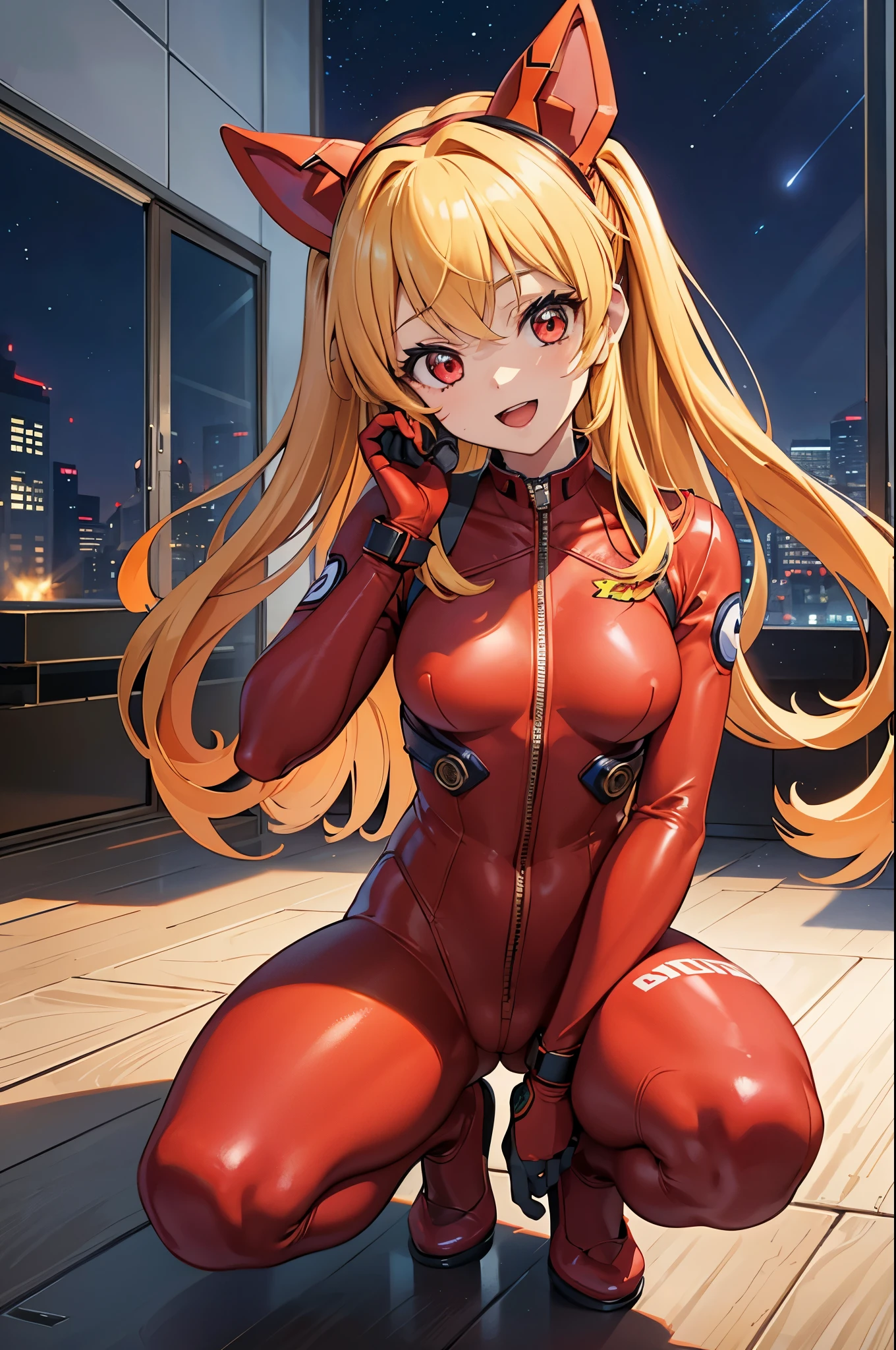 (Overhead view),dynamic angle,ultra-detailed, illustration, close-up, straight on, 1girl, 
 ((souryuu asuka langley, interface headset, red bodysuit:1.4, blonde)),Her eyes shone like dreamy stars,(glowing eyes:1.233),(beautiful and detailed eyes:1.1),(expressionless),(standing), Spell of the Last（prompt）
(masterpiece, best quality, ultra high res, perfect anatomy, extremely detailed),
BREAK,
1girl,
************,
red eyes,
twintails,
black hair,
very large ribbon in hair,
idol costume,
BREAK,
squatting, spread legs,crotch focus,
(open mouth),
glow eyes,
smile,
stage light,
(mechanic room with toolsand spaceship windowin a white SPACESHIP),
(night:1.2),dreamy, [[delicate fingers and hands:0.55]::0.85],(detail fingers),