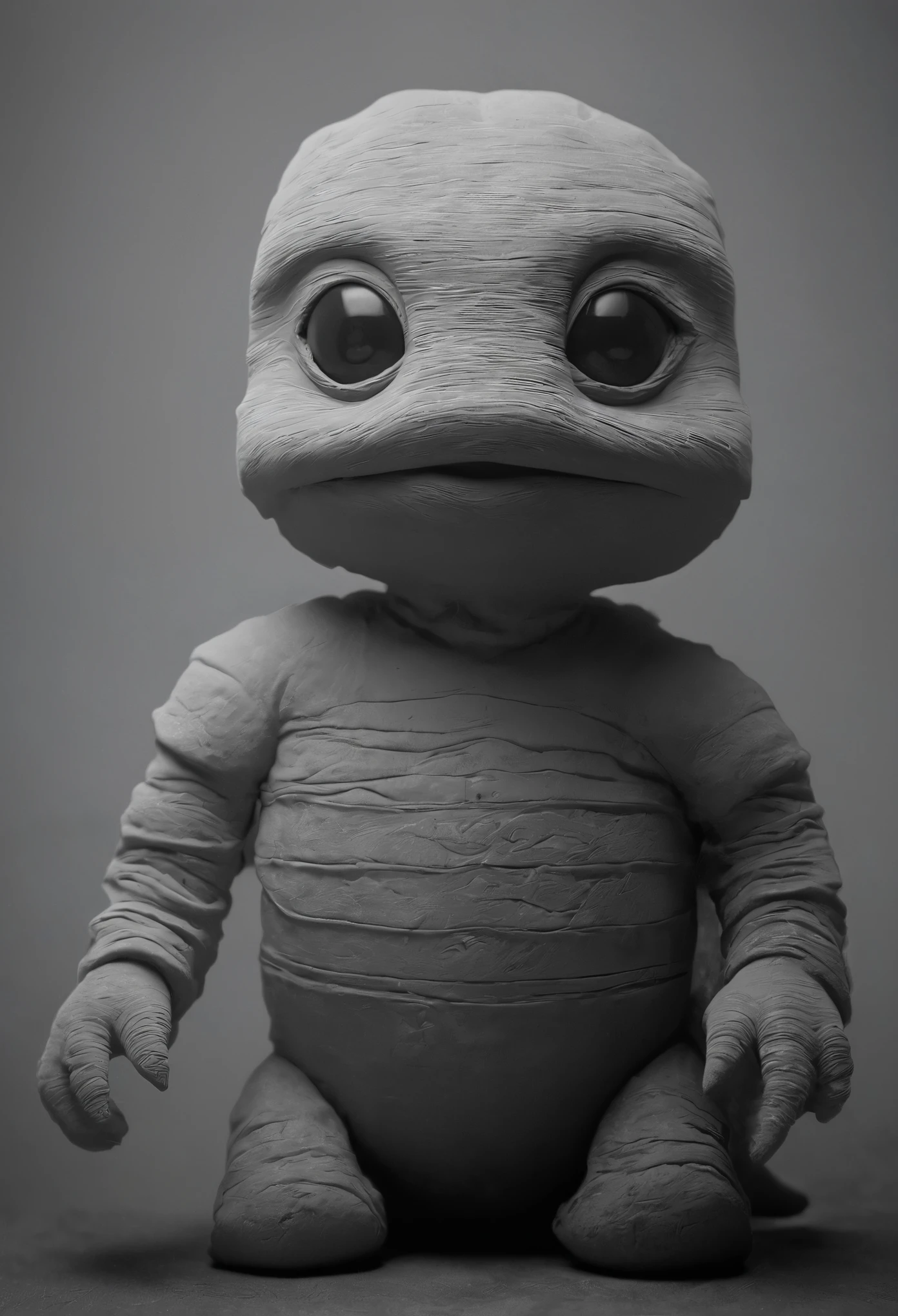 black and white photo of a small stuffed animal, Mother portrait, Anton Semenov, Clay character, inspired by E. T. A. Hoffmann, Grey Anthropomorphic, as a Clay character, Junji, that's 4 thousand, Stop-motion character animation, clay render, six of little nightmares, Humanoid monster turtle, Mother