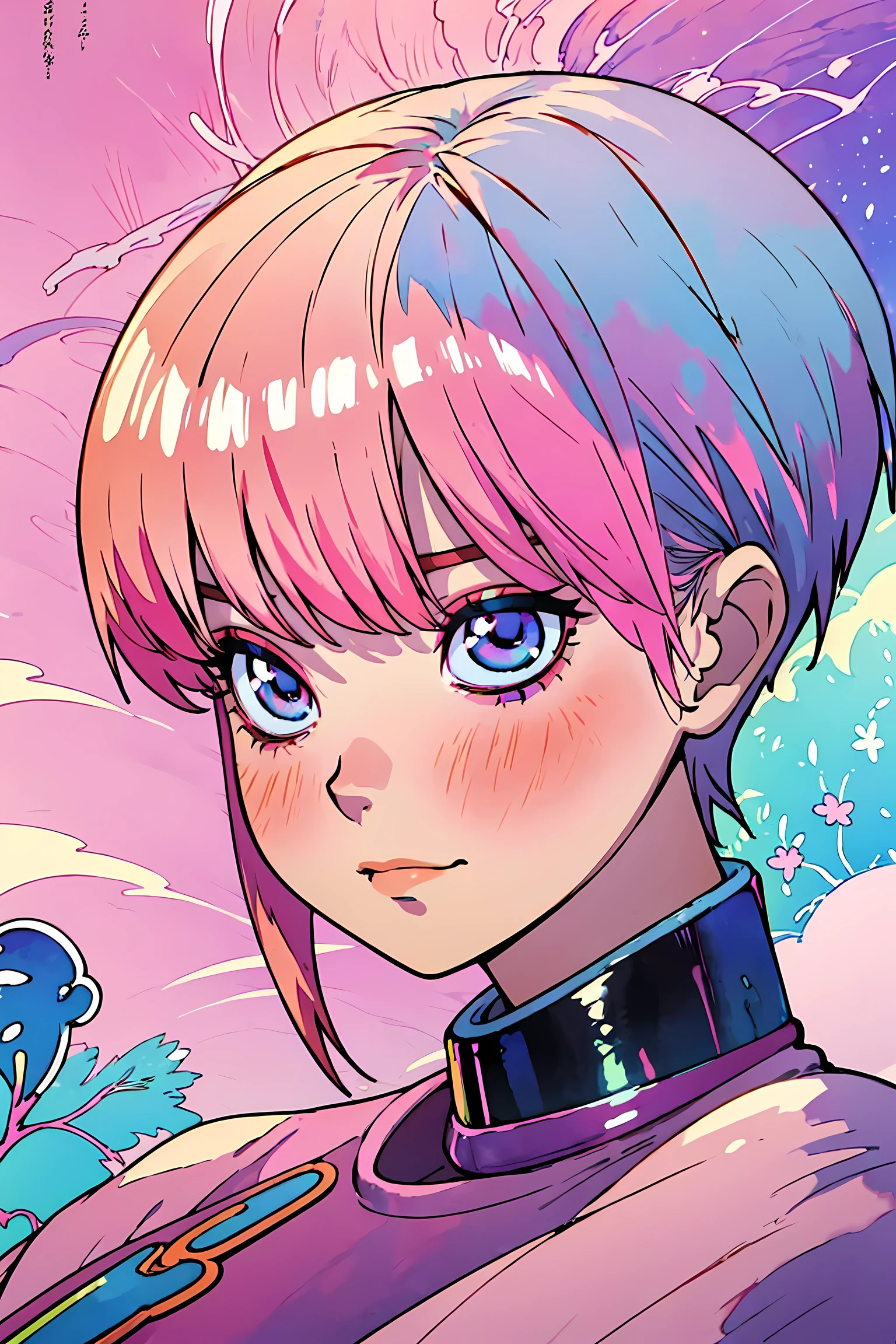 One girl, 1 girl, solo, Ichika Nakano, short pink shiny hair, dynamic pose, soft expressive face,, sweet face, smile, iridescent, ((colorful fantasia background, watercolor illustration, 4k, neat lineart, sfw