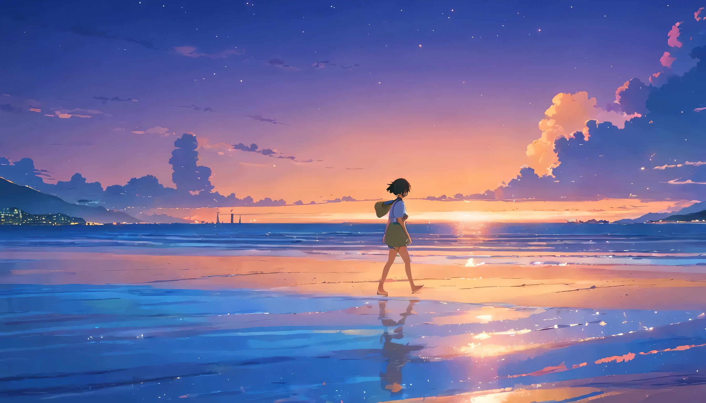 girl walking barefoot on the beach, dream, please wear headphones, night light, analog color theme, lo-fi hip hop , retrospective, flat, 2.5D ,Draw a line, ink painting, Osaka road, watercolor painting, gouache color, studio ghibli style, very colorful, outerton, Krautlock, Lofiato,old texture, amplitude,Psychedelic atmosphere, masterpiece, Technology of Wonders,beautiful night view