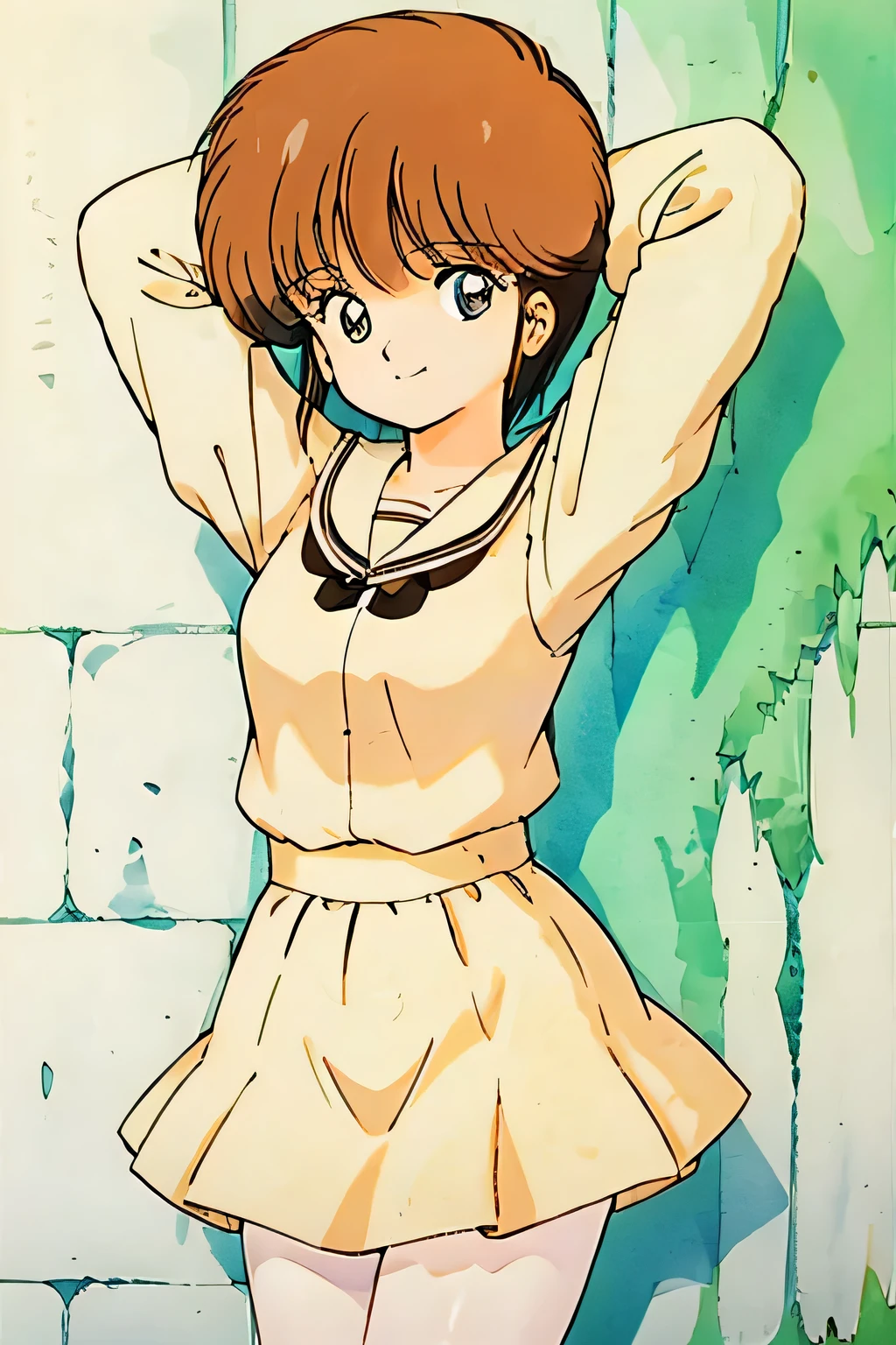 1girl, Hikaru Hiyama, short cut hair, Masterpiece, top quality, cropped jacket, black bow, shirt, aqua skirt, ruffles, white pantyhose, arms behind head, smile, closed mouth, 1990s style, brick wall,