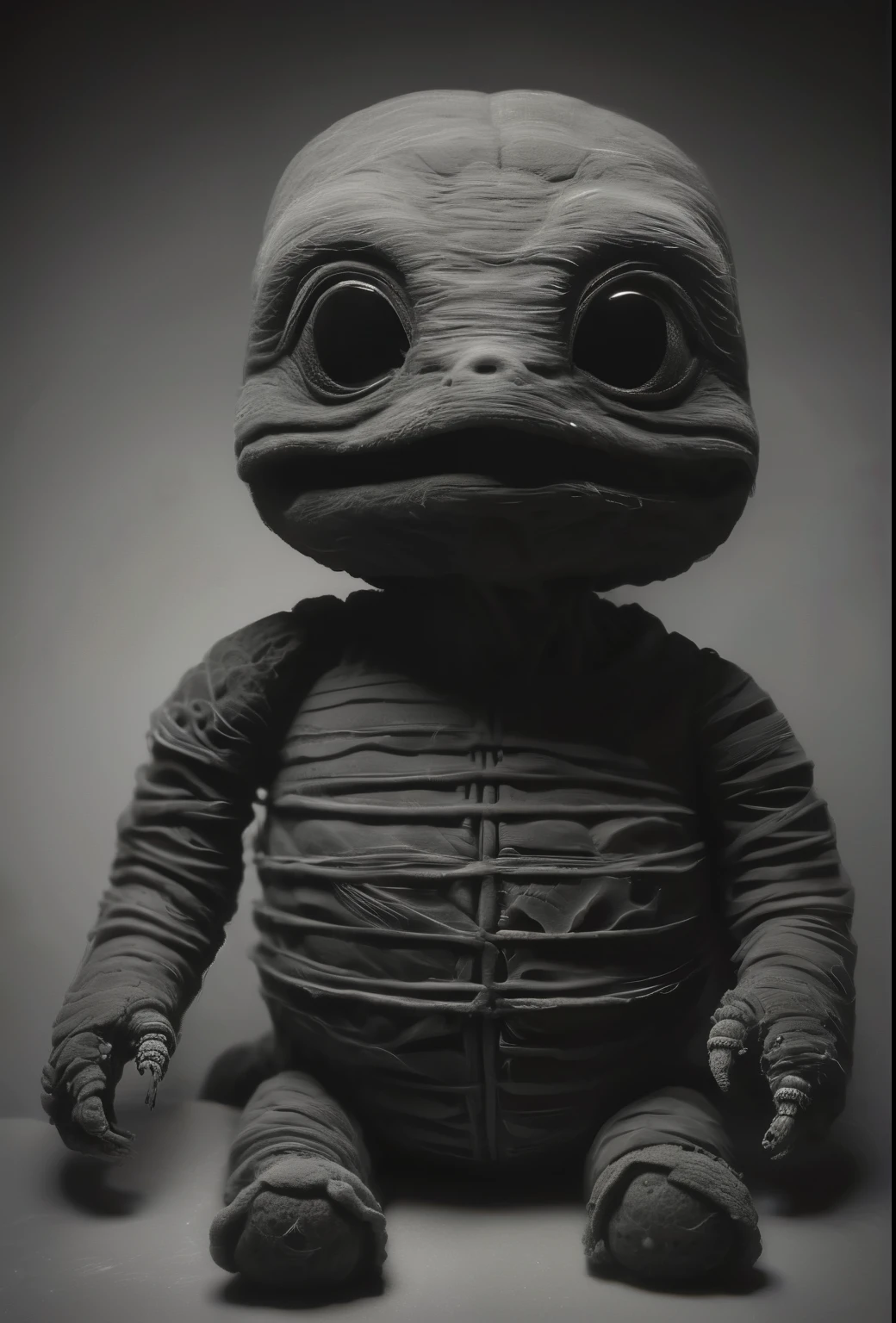 black and white photo of a small stuffed animal, Mother portrait, Anton Semenov, Clay character, inspired by E. T. A. Hoffmann, Grey Anthropomorphic, as a Clay character, Junji, that&#39;s 4 thousand, Stop-motion character animation, clay render, six of little nightmares, Humanoid monster turtle, Mother