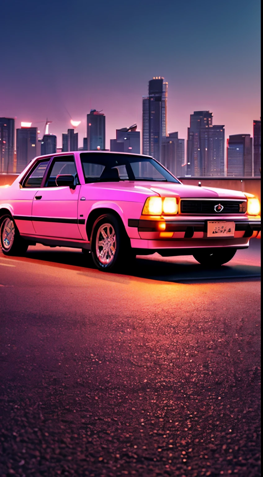 A gorgeous, sparkling pink car is parked on the roadside.、Sunset、The city skyline comes alive in the background。Scenes are drawn in high resolution、Highly detailed and hyper-realistically rendered in Unreal Engine using RTX technology。The car is bathed in the warm, rosy glow of a neon sunset.、Casting a long, rich shadow on the asphalt。The year is 1980、Movie-like images create a nostalgic atmosphere、It takes the viewer back in time。The finish on the car is perfect、The pink color is deep and bright、Reflects the glowing pink hues of a sunset