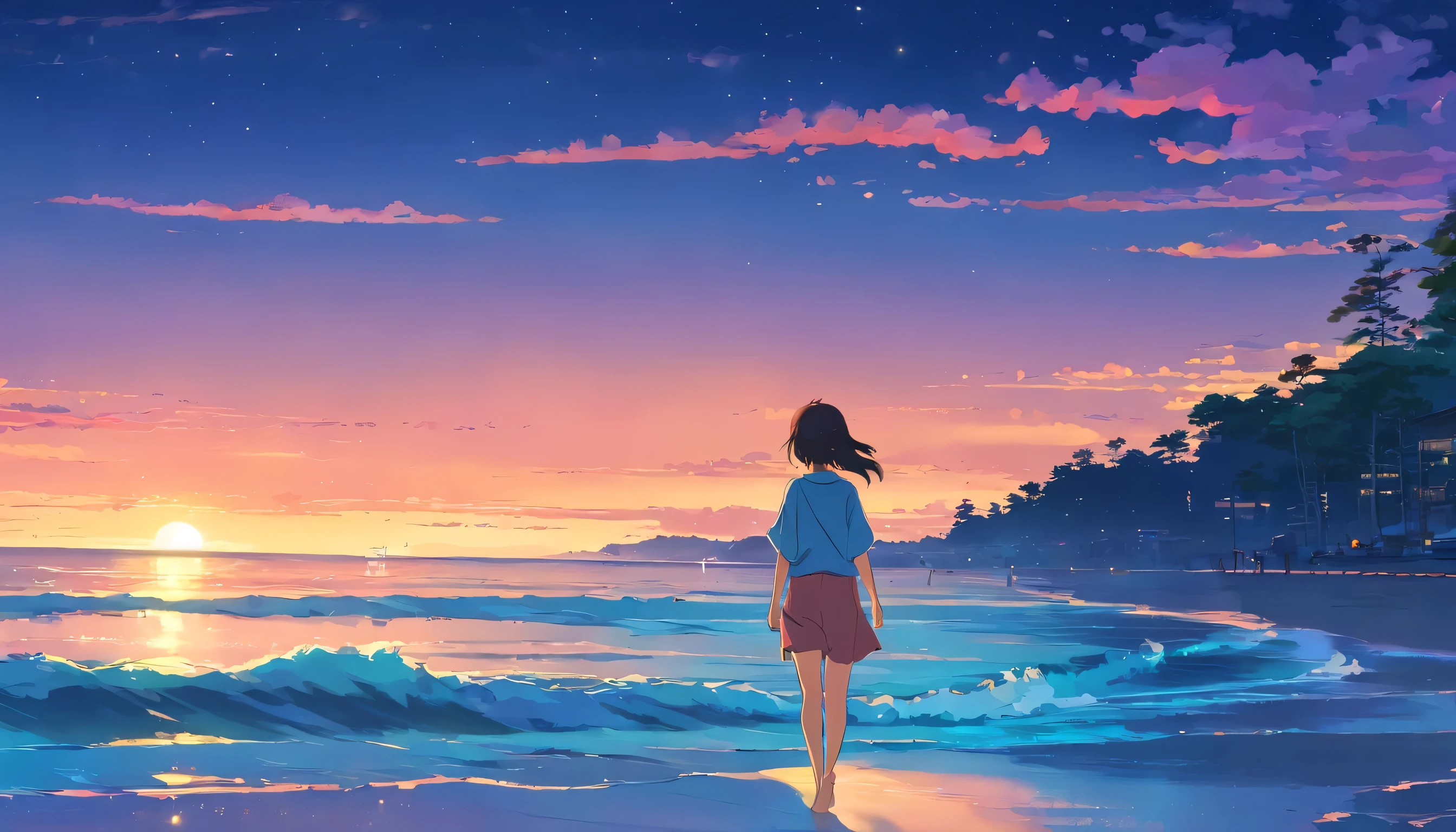 girl walking barefoot on the beach, dream, please wear headphones, night light, analog color theme, lo-fi hip hop , retrospective, flat, 2.5D ,Draw a line, ink painting, Osaka road, watercolor painting, gouache color, studio ghibli style, very colorful, outerton, Krautlock, Lofiato,old texture, amplitude,Psychedelic atmosphere, masterpiece, Technology of Wonders,beautiful night view