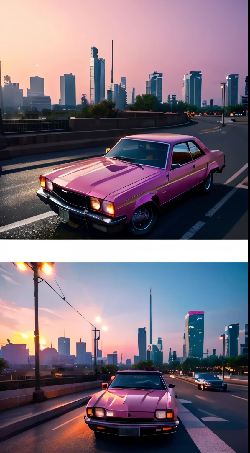 A gorgeous, sparkling pink car is parked on the roadside.、Sunset、The city skyline comes alive in the background。Scenes are drawn in high resolution、Highly detailed and hyper-realistically rendered in Unreal Engine using RTX technology。The car is bathed in the warm, rosy glow of a neon sunset.、Casting a long, rich shadow on the asphalt。The year is 1980、Movie-like images create a nostalgic atmosphere、It takes the viewer back in time。The finish on the car is perfect、The pink color is deep and bright、Reflects the glowing pink hues of a sunset