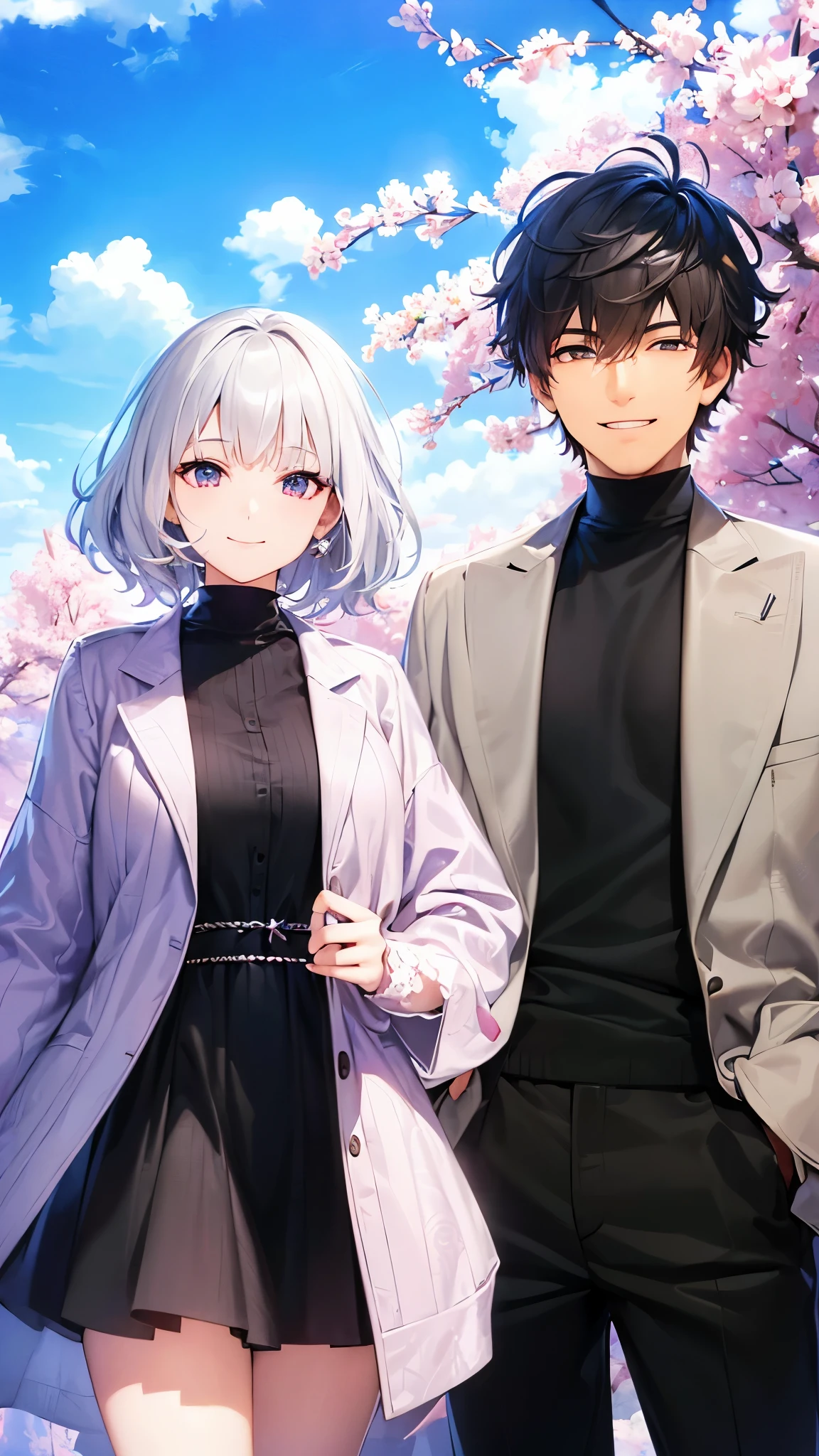 Handsome man and silver-haired woman、Smiling and beautiful face、Highly Detailed CG Unity 8K Wallpaper, (super masterpiece, beautiful person, well detailed face polluted smile, It's photorealistic, hyper realistic)cool and cool face