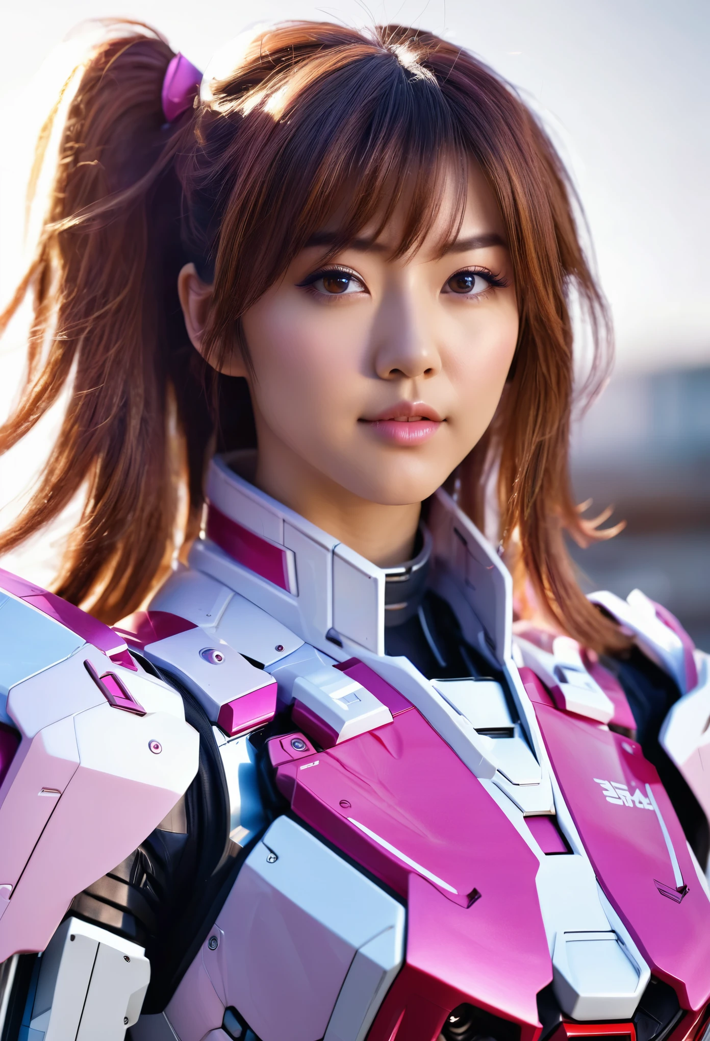 RAW, Masterpiece, Ultra Fine Photo,, Best Quality, Ultra High Resolution, Photorealistic, Sunlight, Full Body Portrait, Stunningly Beautiful,, Dynamic Poses, Delicate Face, Vibrant Eyes, (Side View) a close up of a woman in a pink and white gundam custume, dybamic pose, long brown very very long hair rapunzel, girl in mecha cyber armor, portrait armored astronaut girl, d. va from overwatch, female mecha, on a gundam, gundam head, chiho aoshima color scheme, mobile suit, streamlined purple armor, fully robotic!! girl, realistic cosplay, gundam armor (dynamic pose) (best cameraview), full body