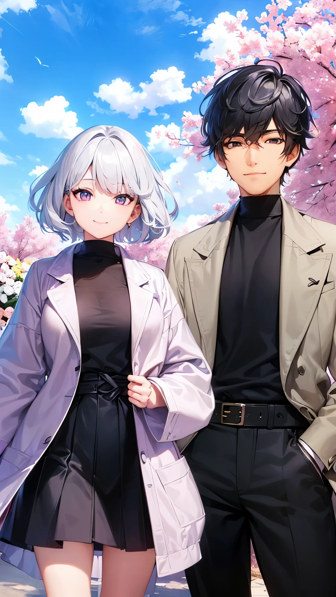 Handsome man and silver-haired woman、Cool and beautiful face、Highly Detailed CG Unity 8K Wallpaper, (super masterpiece, beautiful person, well detailed face polluted smile, It's photorealistic, hyper realistic)cool and cool face
