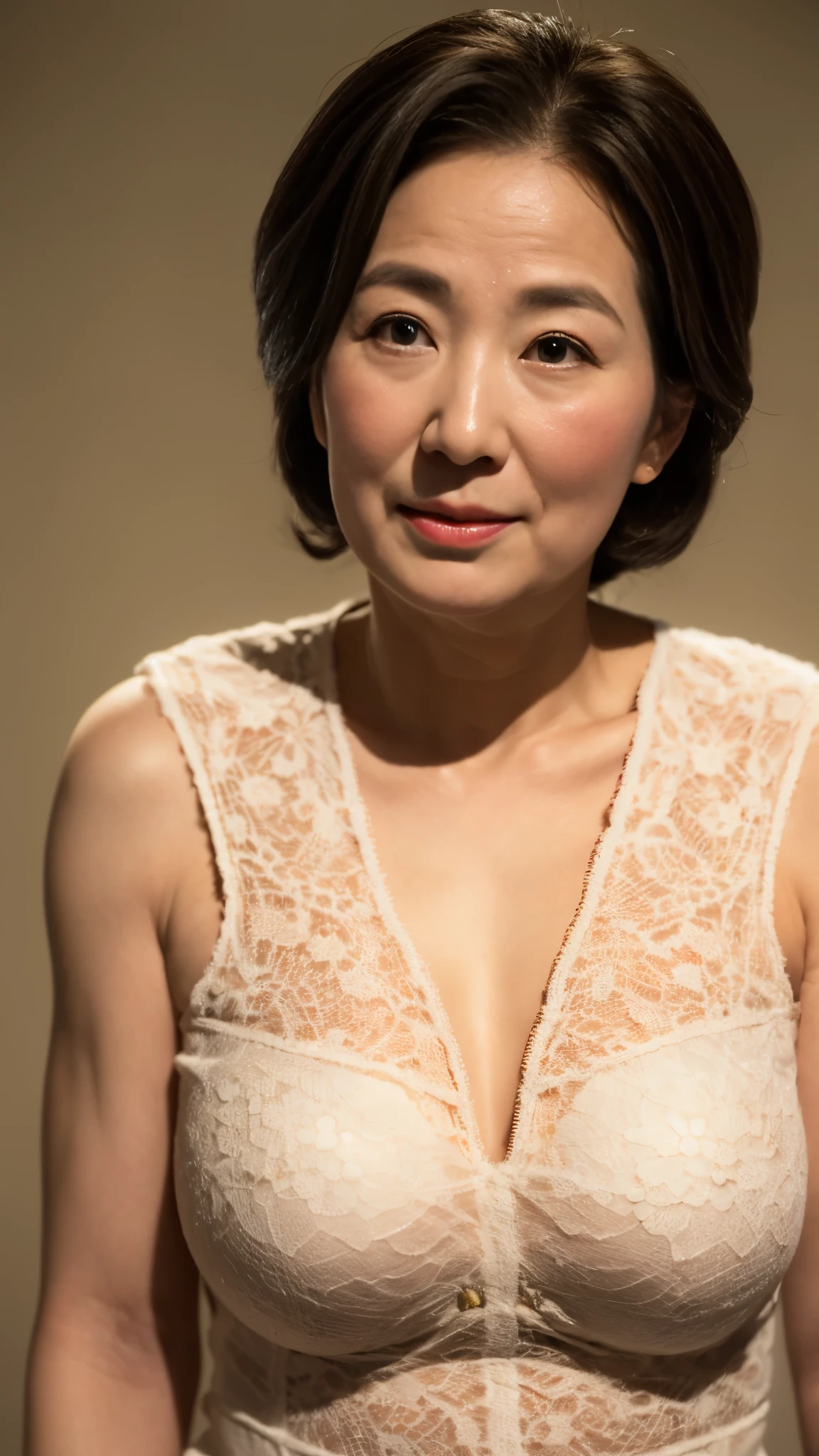remove background, in the spotlight, gravure, facing the front, ((old)), flashy makeup, red lips, from the chest up, masterpiece, highest quality, Super detailed, realistic, super dense skin, perfect anatomy, (1 Japanese mature woman), (alone), 120 years old, big breasts, neighbor aunt, Glamour, sexy, pure white skin, looking at the viewer,