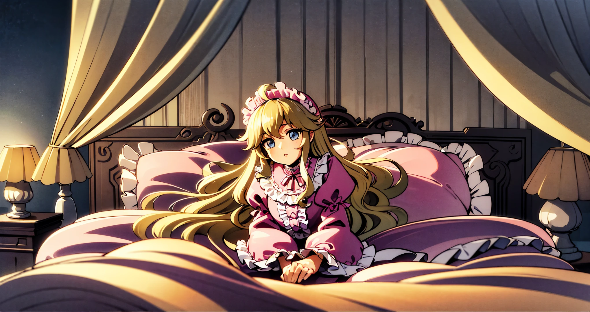 ,highest quality, masterpiece, highest resolution, artwork, super それにget used to it, many get used to it, get used to it, それにget used to it, 3K 90s anime illustration,(( 10 year old girl)),Super detailed baby face,high quality small face,long blonde hair that grows to the waist,blue eyes,白い肌のeuropean,pajamas, european,(((super long blonde hair))),curly hair,blue eyes,((((ピンクのロリータファッションのlong skirtのワンピースドレス)))),((Pink nightgown with lots of frills and ribbons)),((Luxurious headdress with frills and ribbons)),detailed headdress,,(((big yoke collar))),Yoke collar with ruffles and ribbons,((((long sleeve)))),ruffle sleeves,((((long skirt)))),white ruffle and lace socks,large frill and ribbon pillow,(((Nice pink outfit))),豪華なcanopy bedの上,canopy bed,The bed is surrounded by luxurious curtains,many frilly pillows on the bed,There are many frilly pillows behind the girl.,super detailed background,detailed bed,soft pink comforter,Highly detailed soft ruffle pillow,Beautiful girl illustration,detailed beautiful face,thin hair,detailed eye ,detailed eyes,detailed mouth, arm details,fine hands,Detailed pillow,wide bed,Illustration on the bed, ,((((round futon)))),((((A large ruffled futon that covers the entire bed)))),detailed comforter,detailed bedシーツ,Before bedtime,romantic atmosphere,palace bedroom,((((The lower body is completely covered in a large puffy futon)))) The girl is leaning on a pile of pillows, ,((((round futon)))),((((A large ruffled futon that covers the entire bed)))),