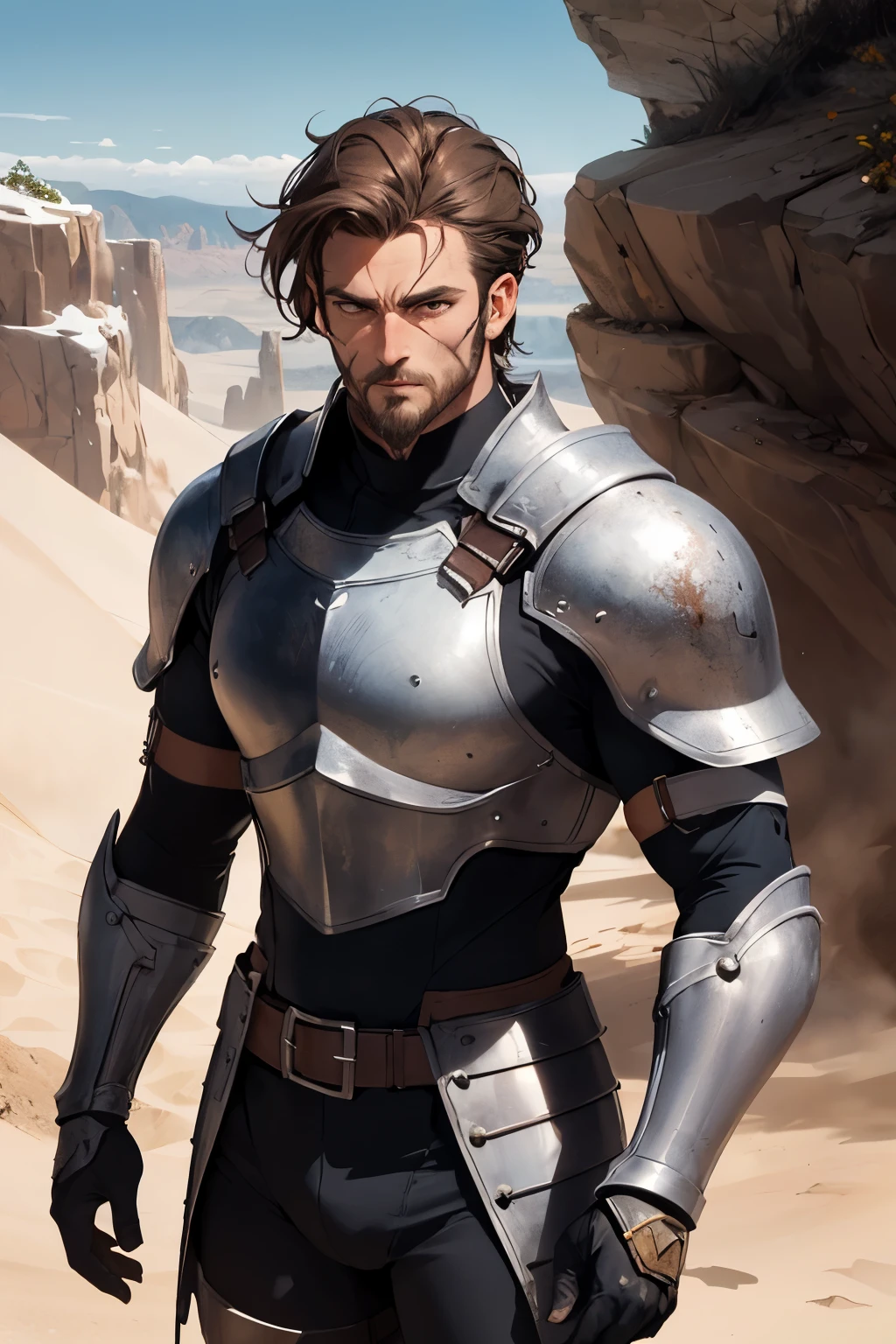 Gere uma imagem de um homem cavaleiro rebelde, with lightly tanned skin and a tall, robust physique, aparentando ter cerca de quarenta anos de idade. He has shoulder-length brown hair and beard., levemente desgrenhados, giving it a rustic appearance. The man is dressed in broken and rusty armor that covers his entire body showing the metal mesh underneath., His right arm is scarred and holds a huge long broadsword., com rachaduras e sinais de uso intenso. The scene must portray the knight in a mountainous and desert environment, with a given expression ((Melhor qualidade)), ((obra de arte)), (detalhado).